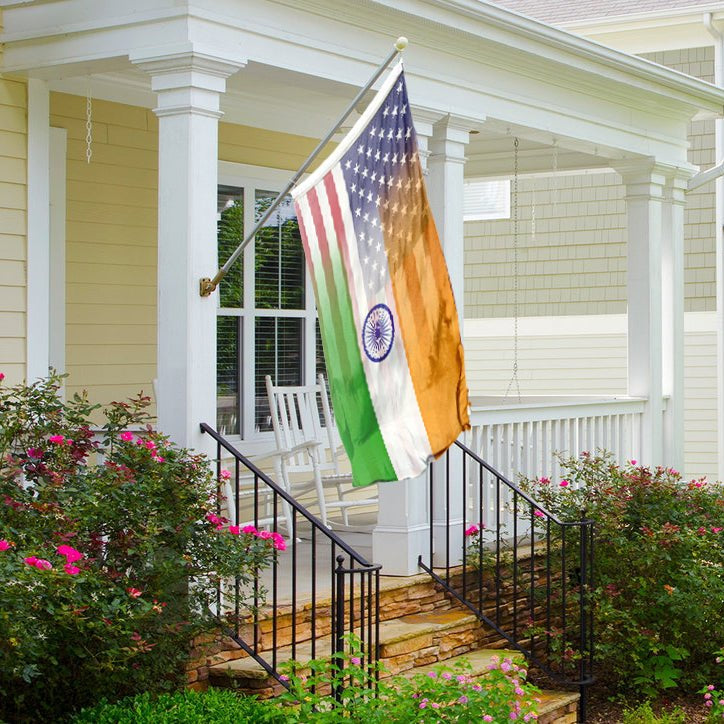 A hybrid flag combining elements of the Indian and American flags, featuring the American flag's stars on a blue horizontal stripe, and the Indian flag's vertical stripes with a Ashoka Chakra in the center.
