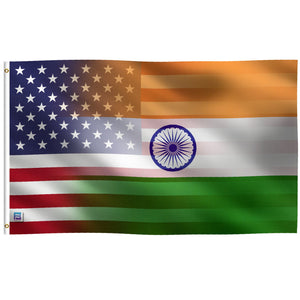 A hybrid flag combining elements of the Indian and American flags, featuring the American flag's stars on a blue horizontal stripe, and the Indian flag's vertical stripes with a Ashoka Chakra in the center.