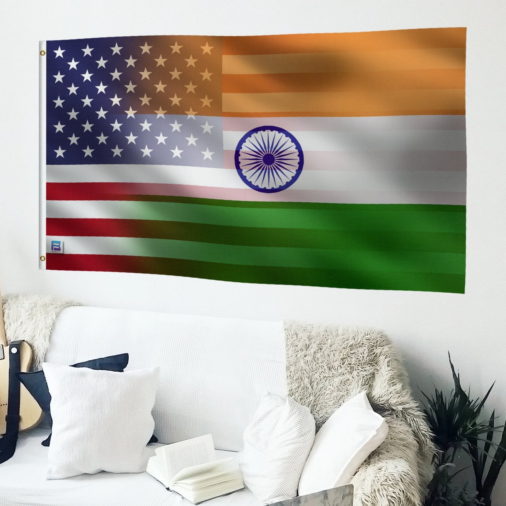 A hybrid flag combining elements of the Indian and American flags, featuring the American flag's stars on a blue horizontal stripe, and the Indian flag's vertical stripes with a Ashoka Chakra in the center.