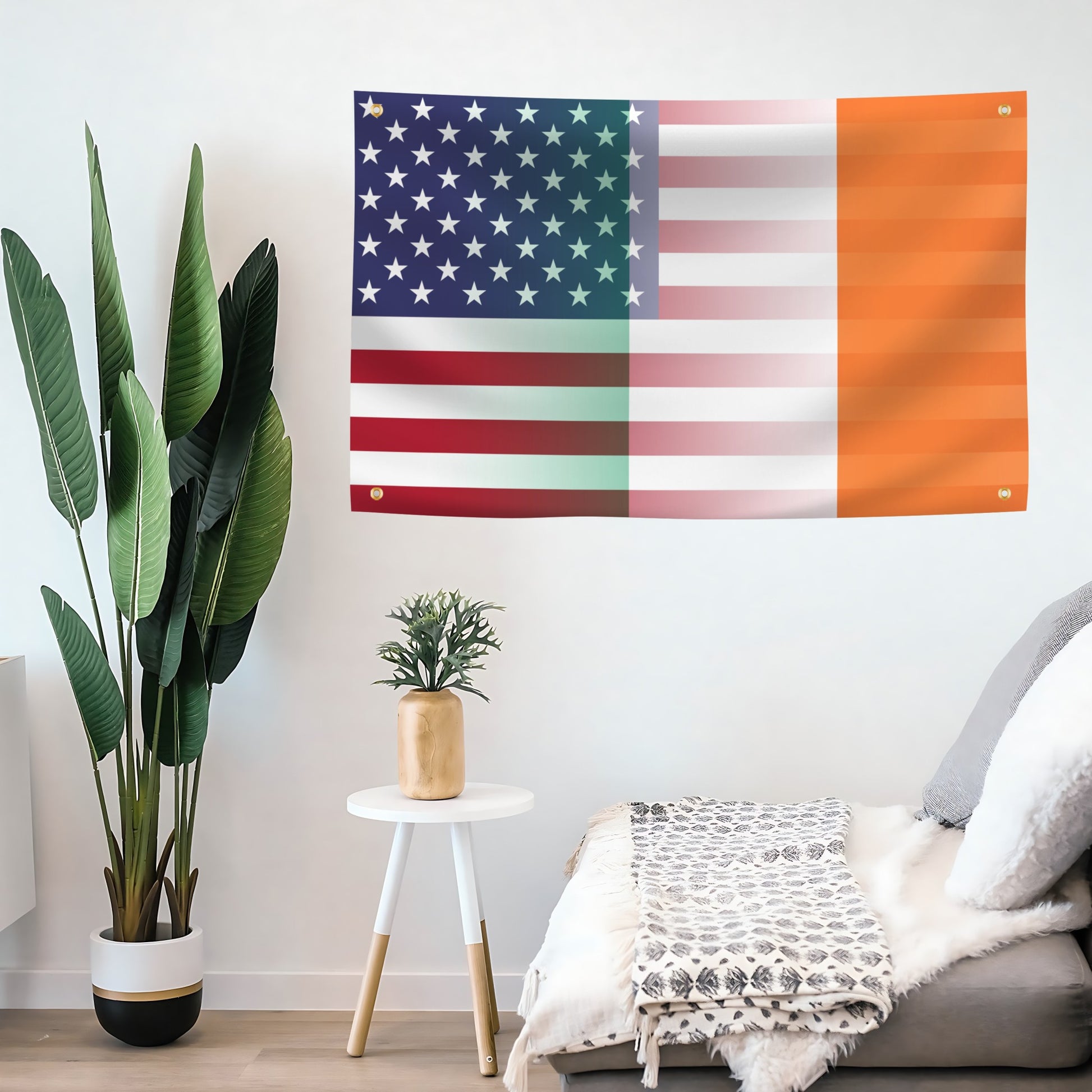Living room with a flag banner of Ireland and the United States blended together on the. 