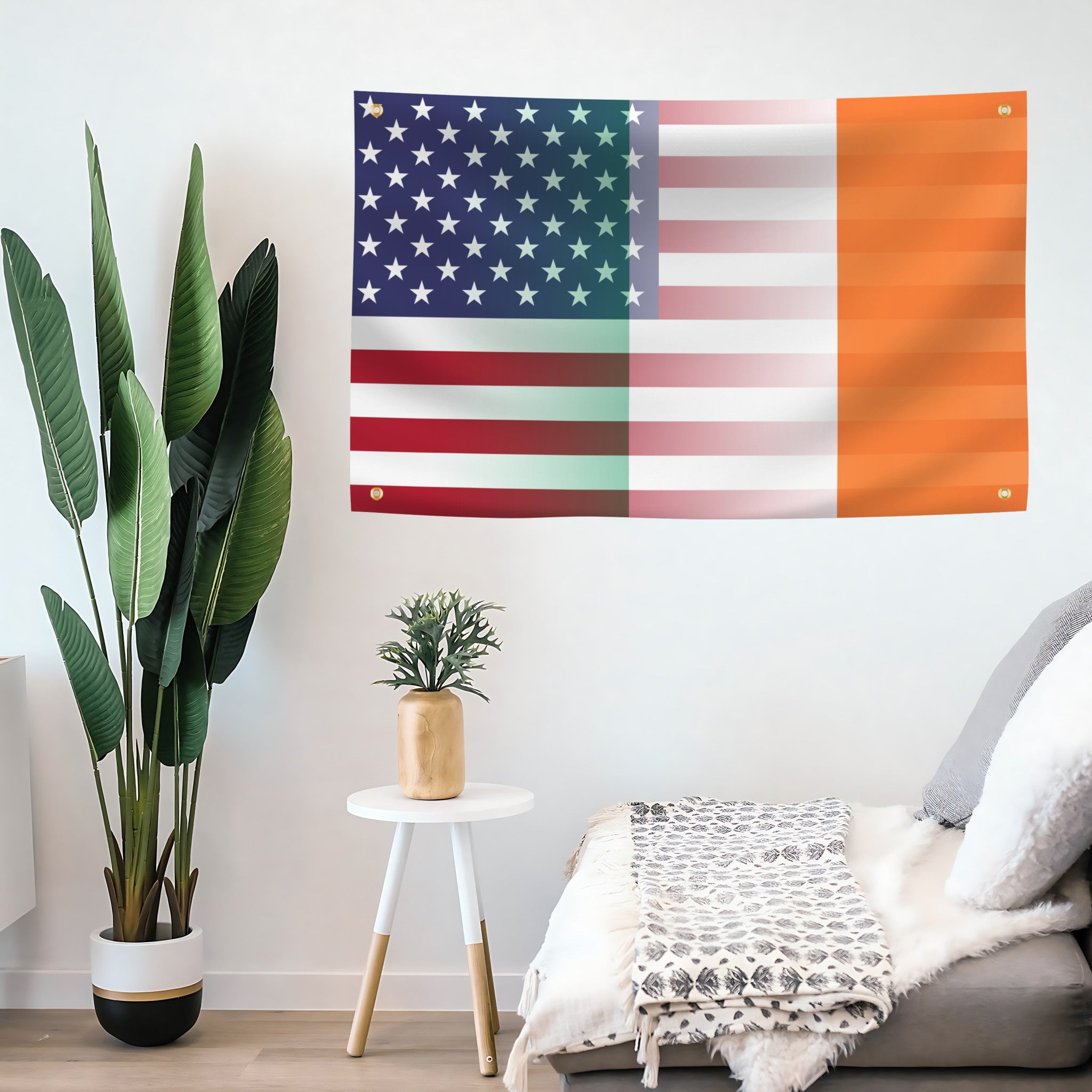 Living room with a flag banner of Ireland and the United States blended together on the. 