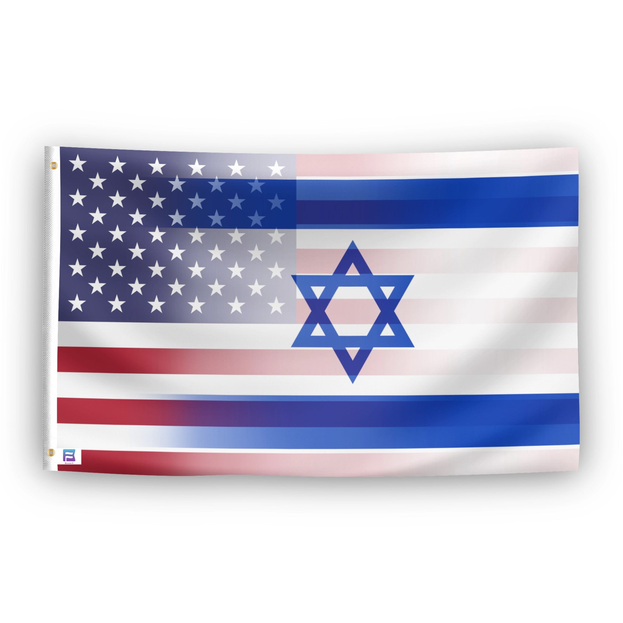 Flag with the American and Israeli flag designs blended together.