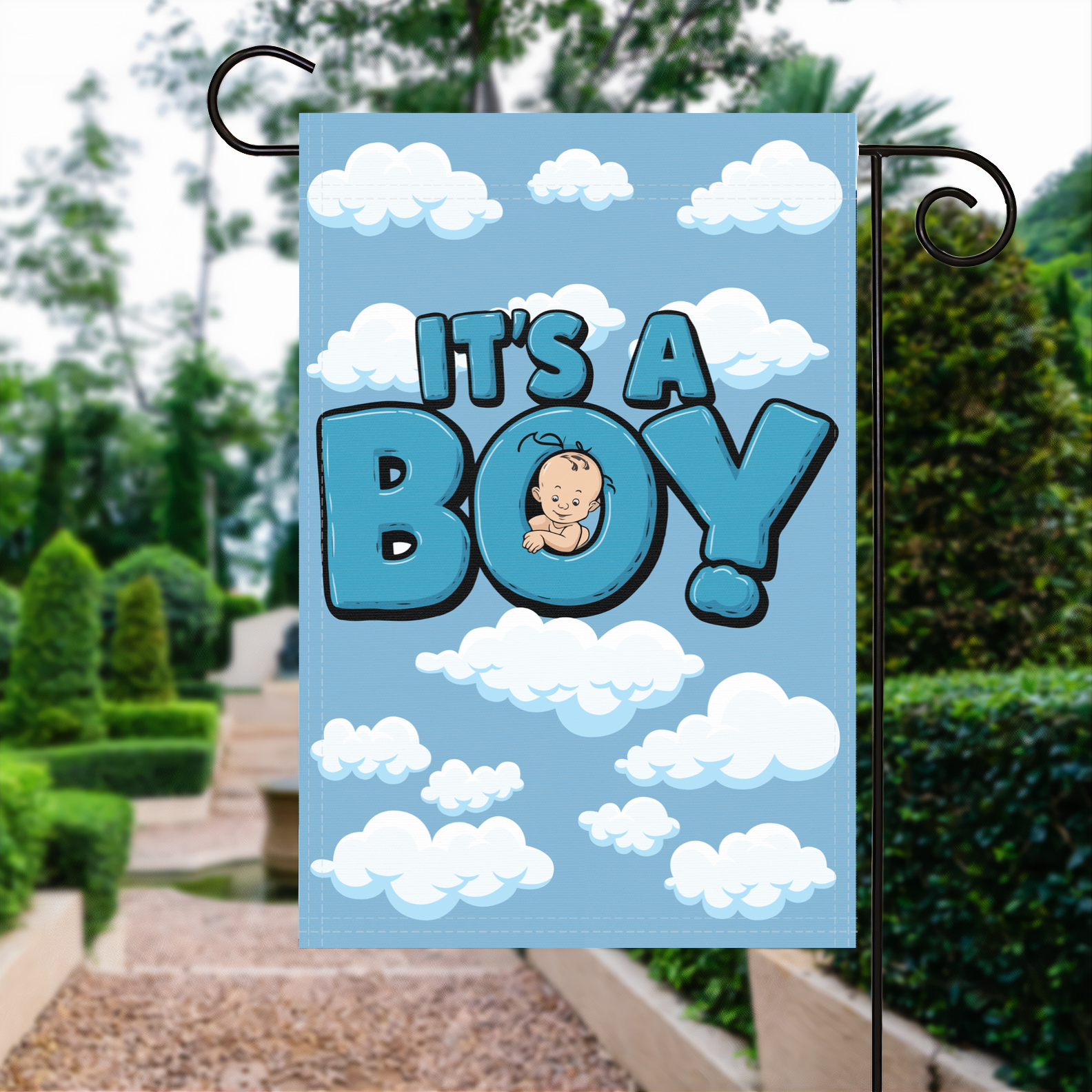 It's A Boy garden flag made of weatherproof polyester displayed in a garden | Bannerfi