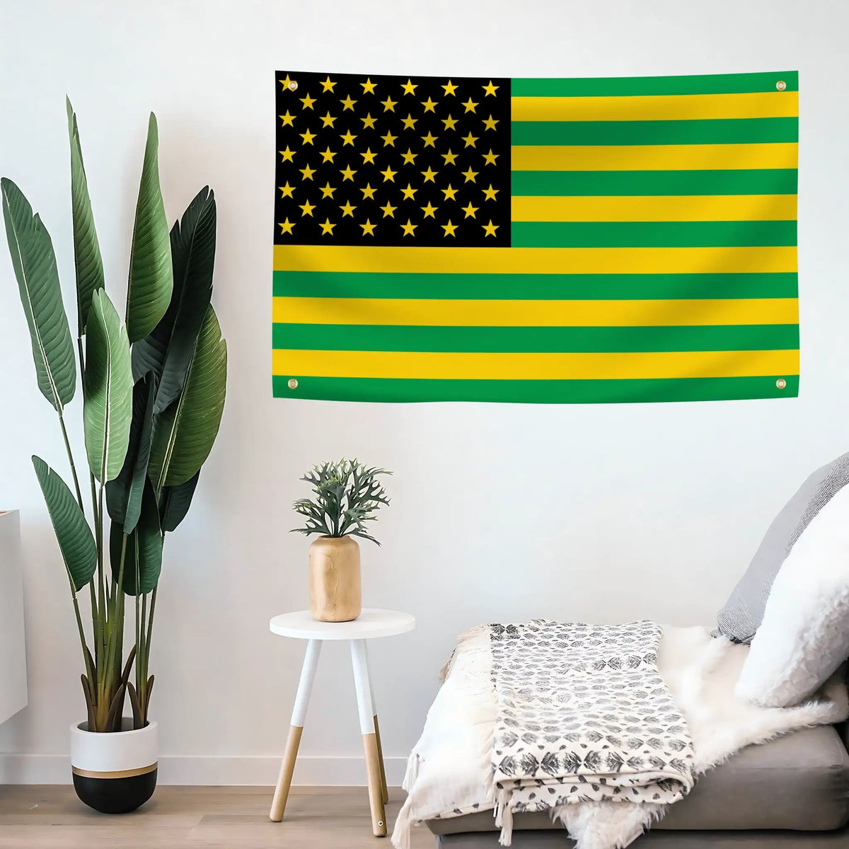 Jamaican Colors American Flag house flag with black star-field panel on left and green–yellow horizontal stripes.