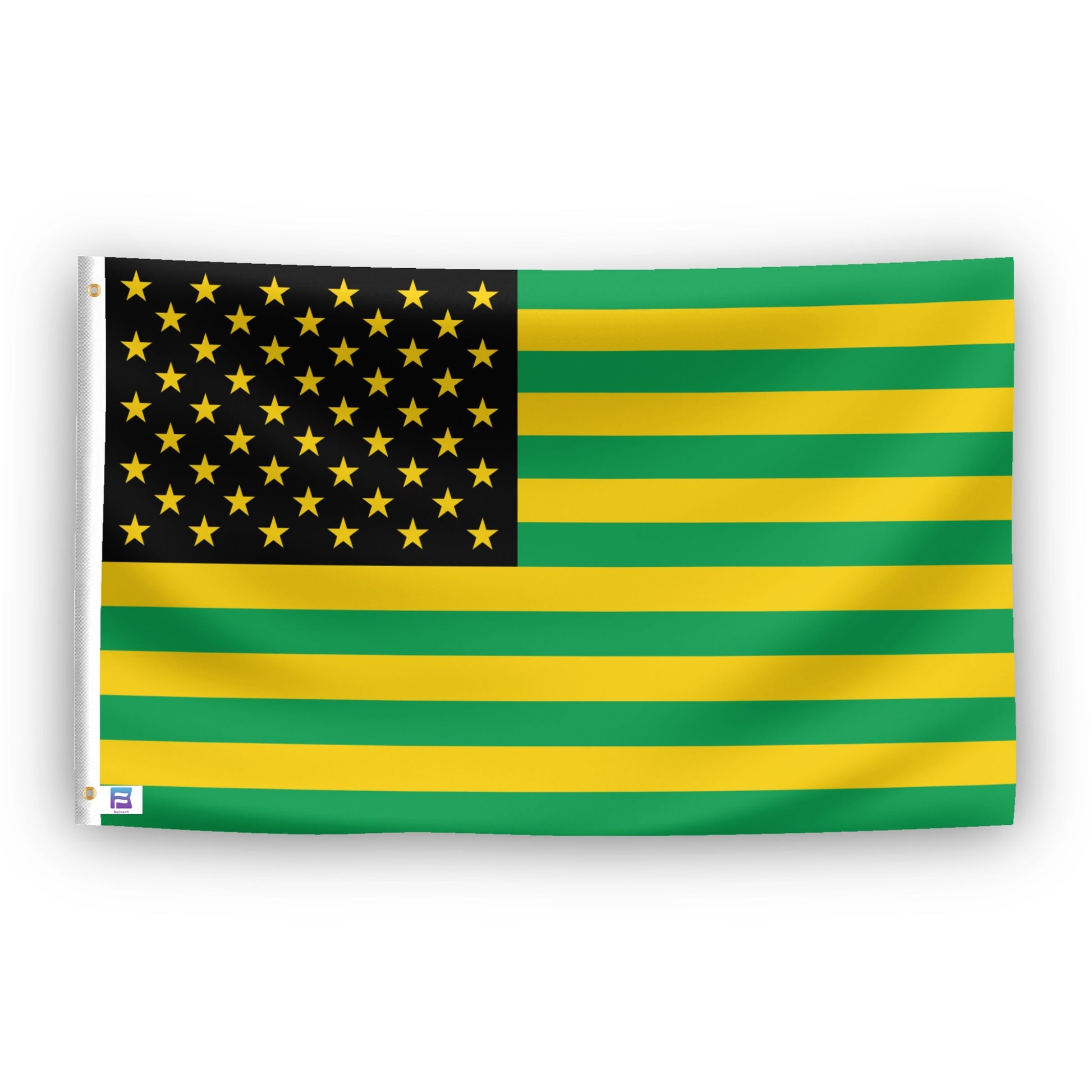 A flag with the theme "Jamaican Colors American", displayed with two brass grommets reinforced with a white canvas header.
