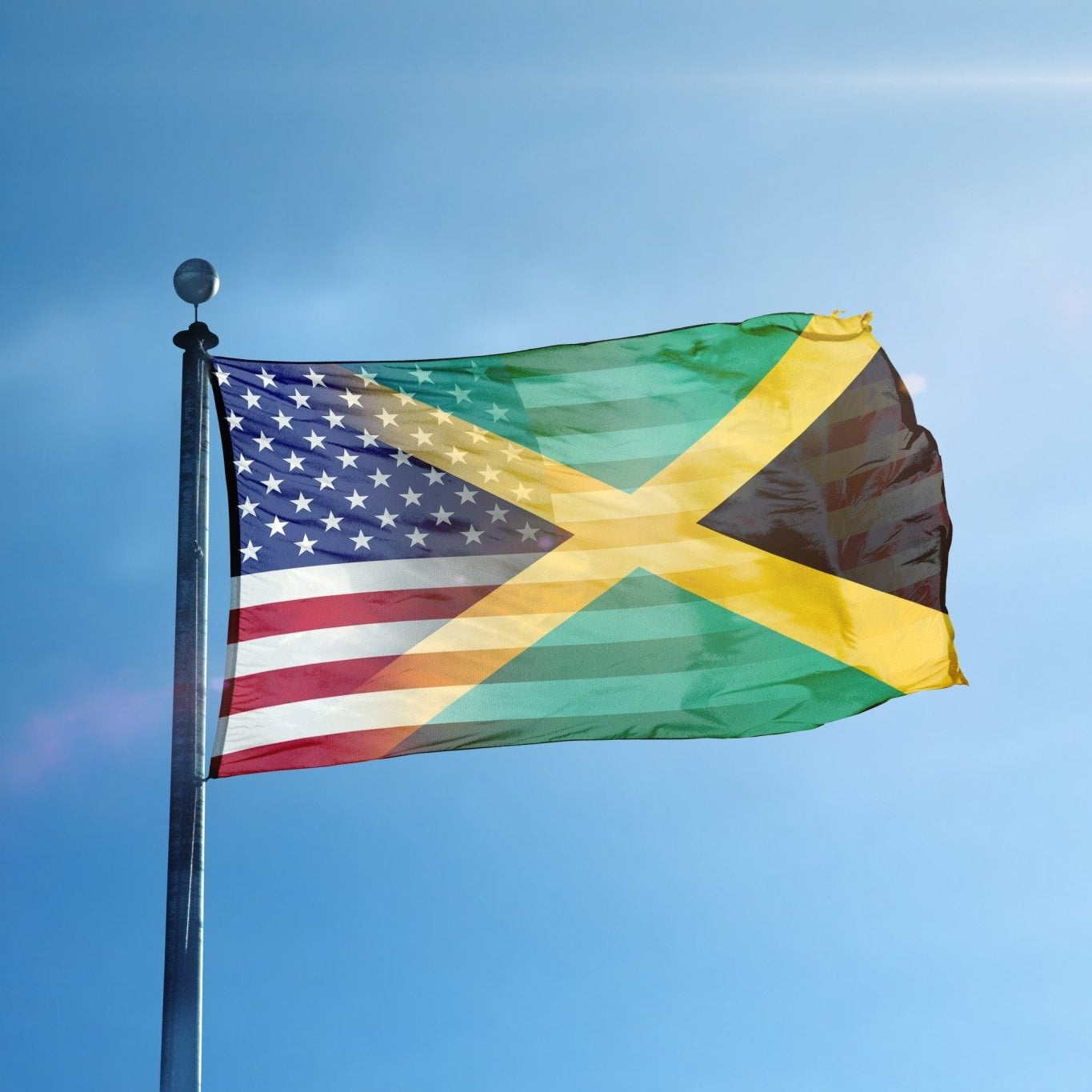 Flag of the United States and Jamaica waving against a clear blue sky
