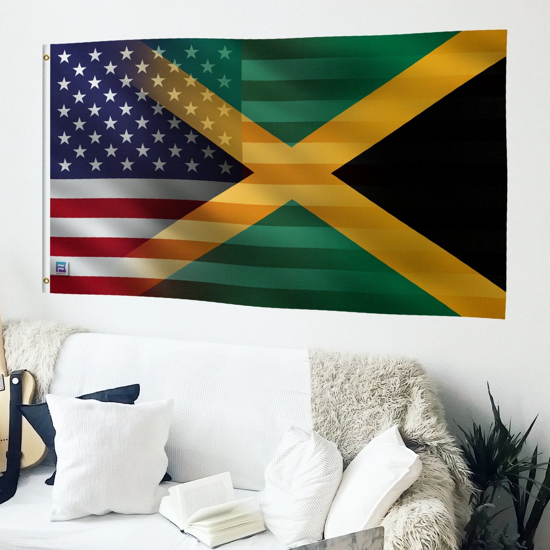 A hybrid flag combining elements of the Jamaican and American flags hanging on a living room wall.