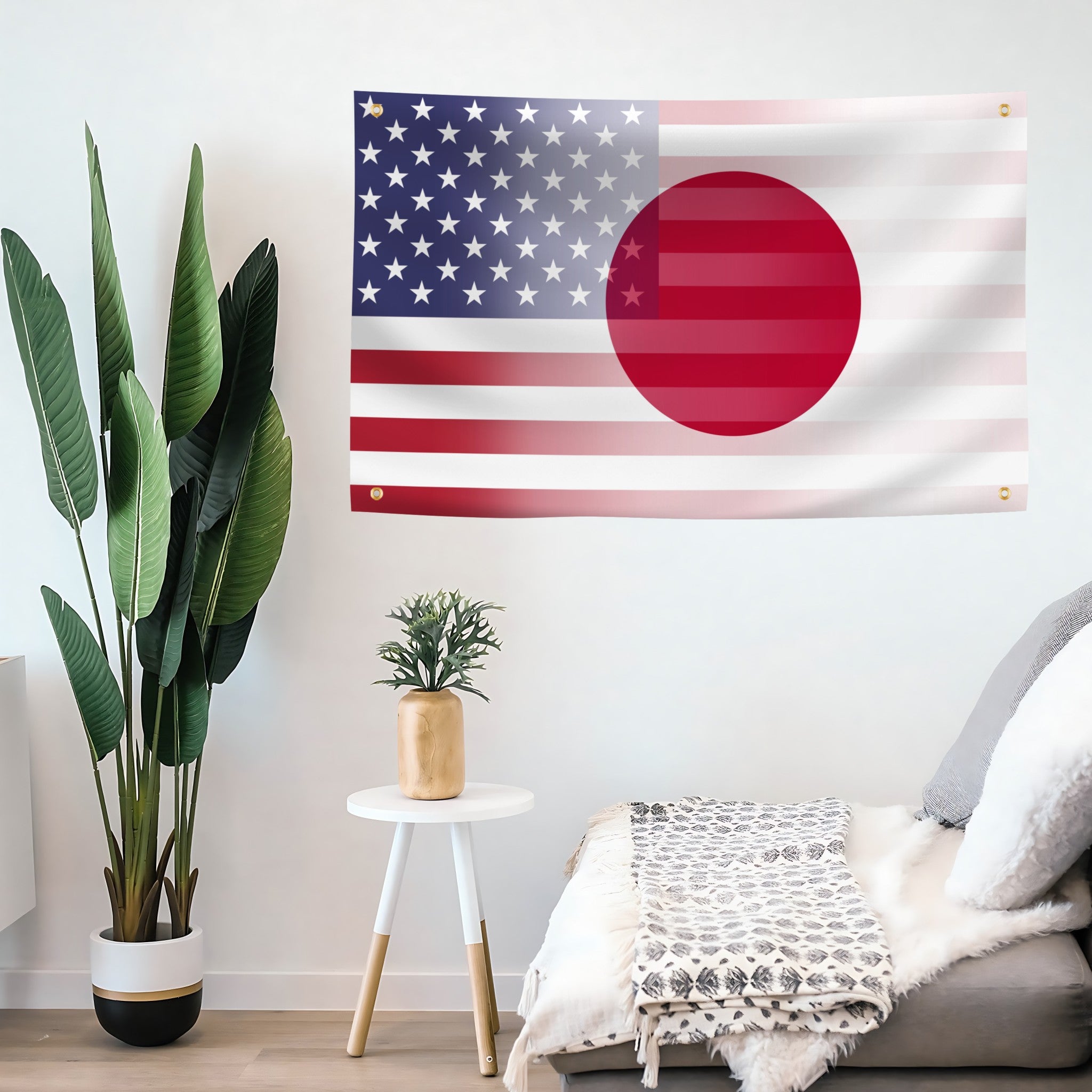 Japanese American Hybrid Flag banner on a living room wall.