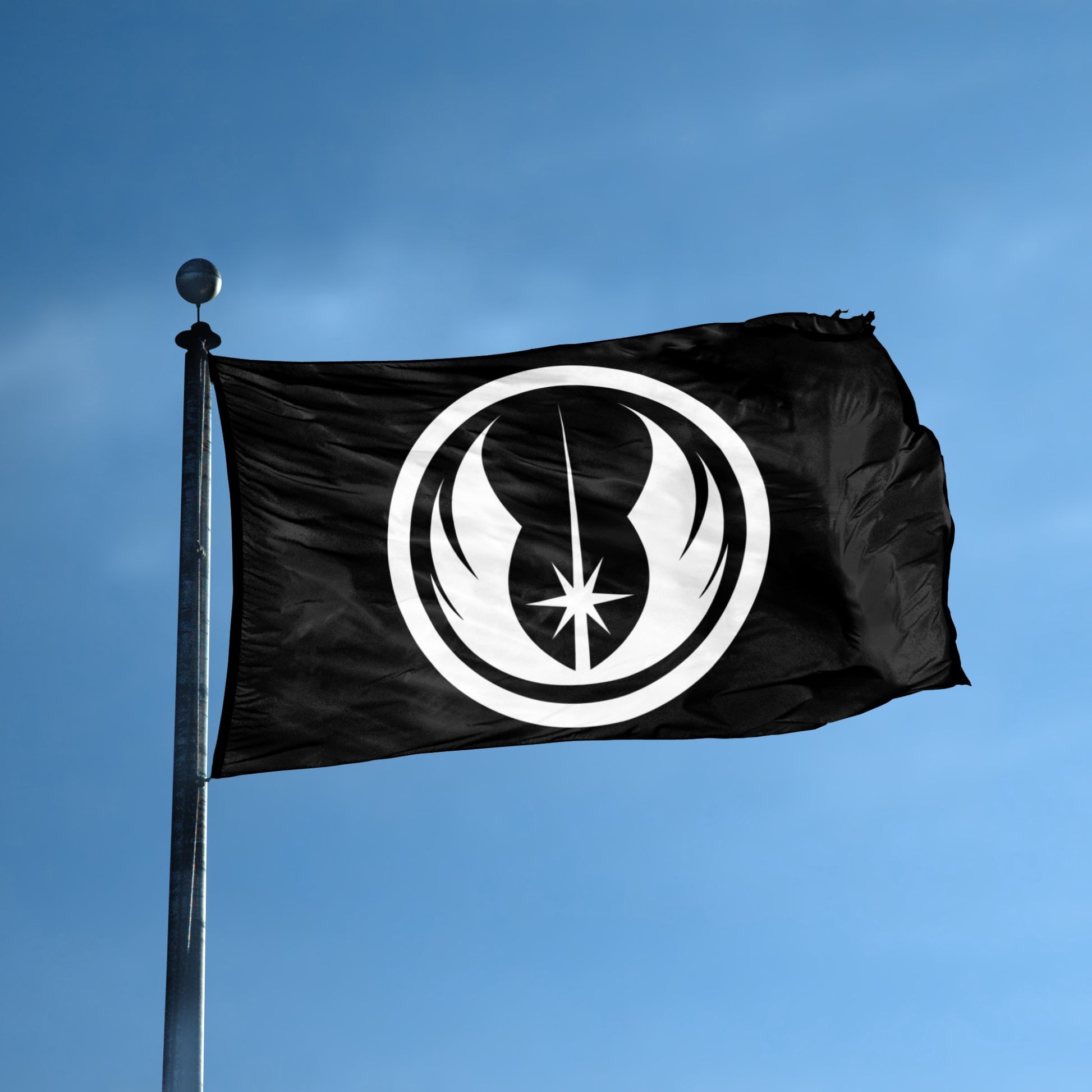 Black flag with a white Star Wars Jedi Order symbol on a blue sky background.