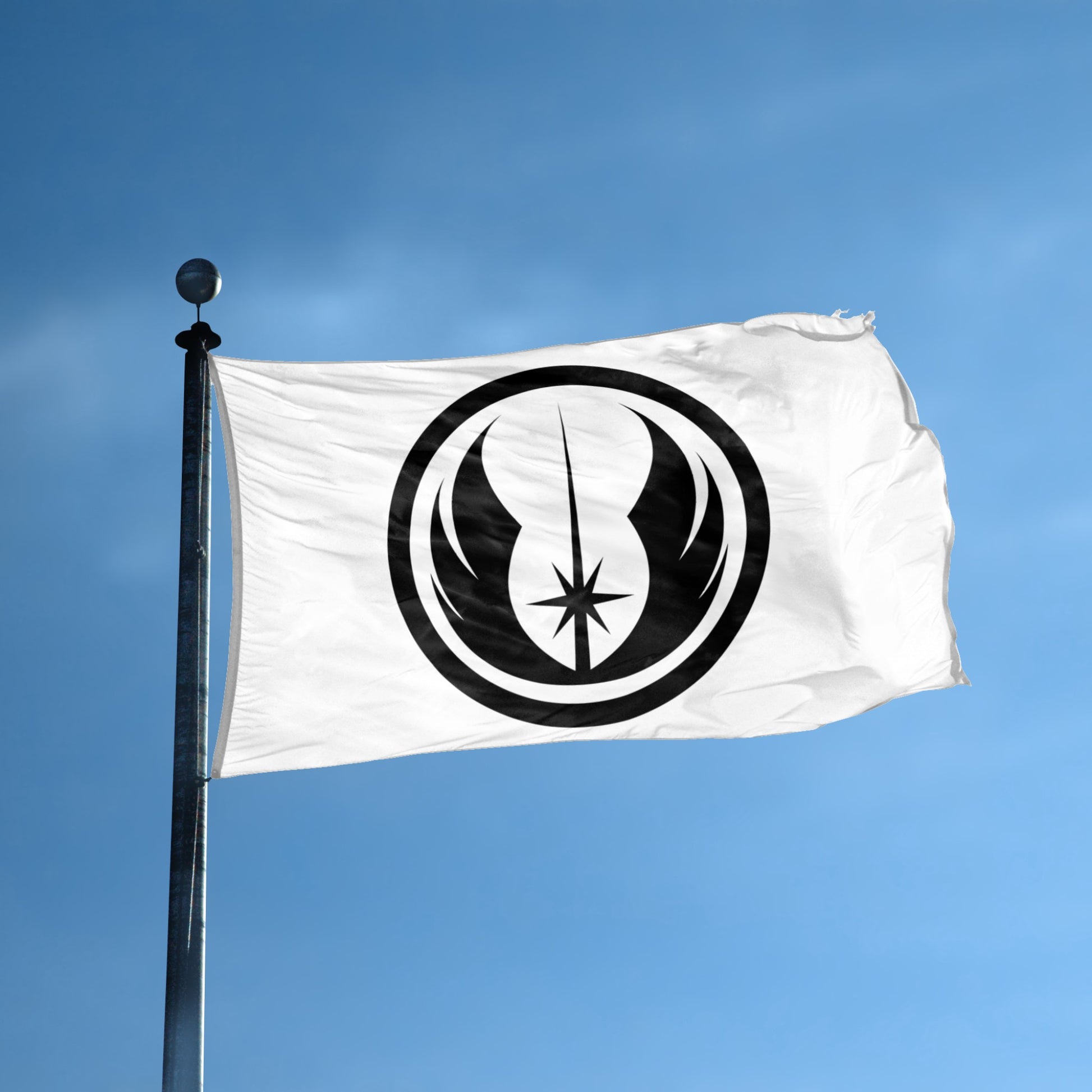 White flag with a black jedi order symbol on a blue sky background