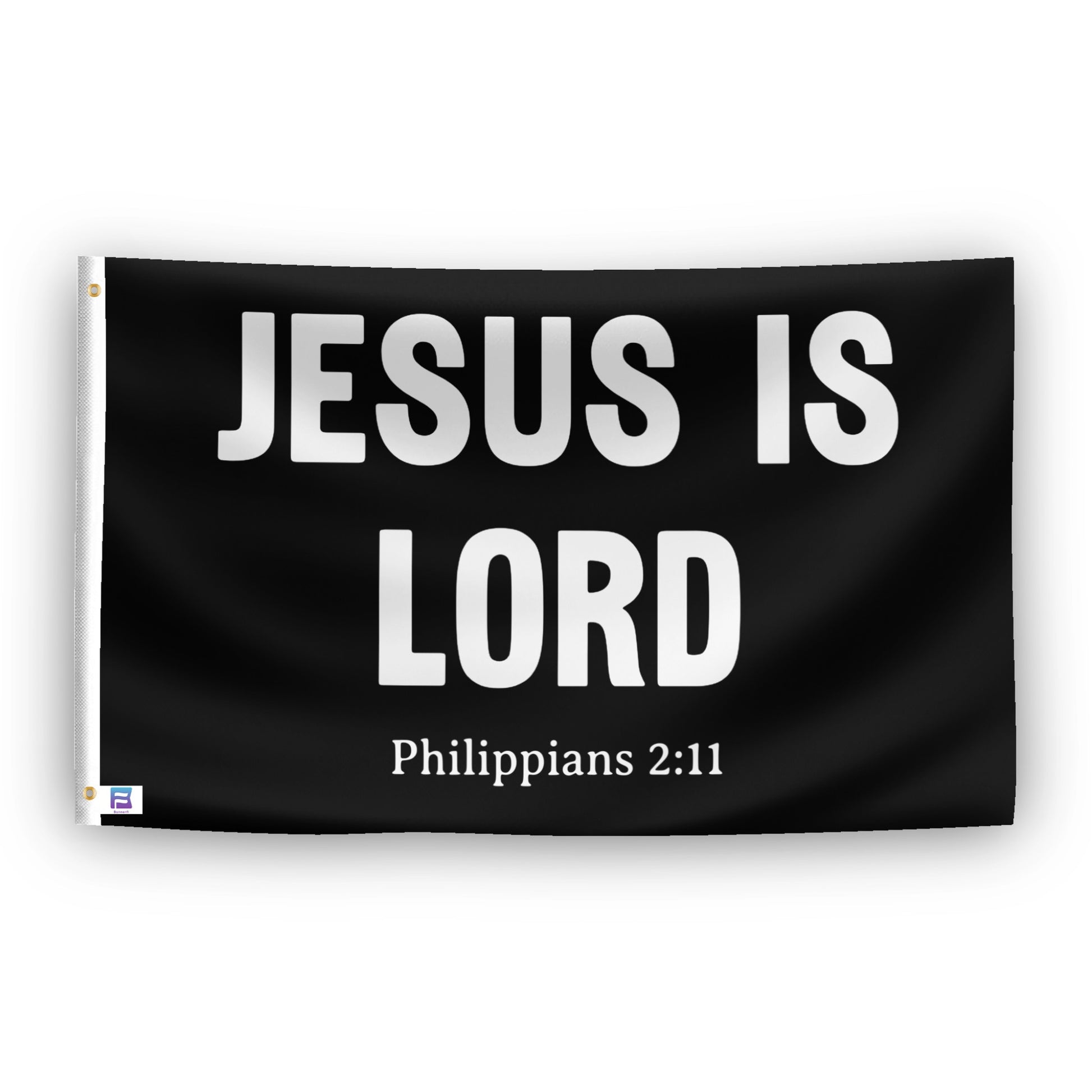 A flag with the theme "Jesus Is Lord Philippians 2:11", displayed with two brass grommets reinforced with a white canvas header.