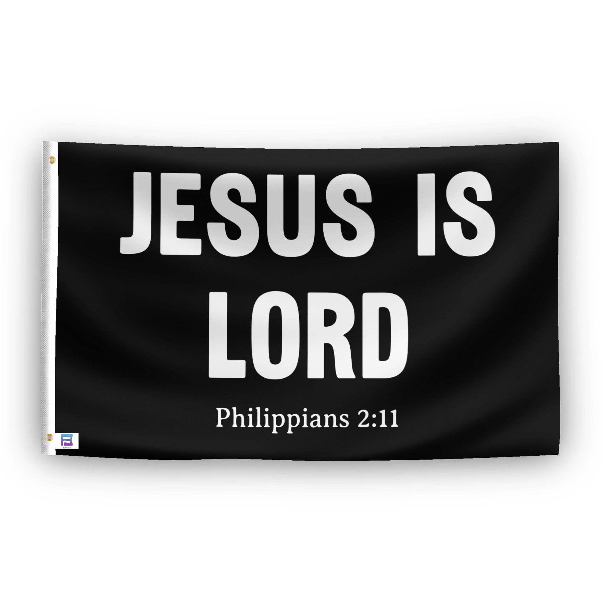 A flag with the theme "Jesus Is Lord Philippians 2:11", displayed with two brass grommets reinforced with a white canvas header.