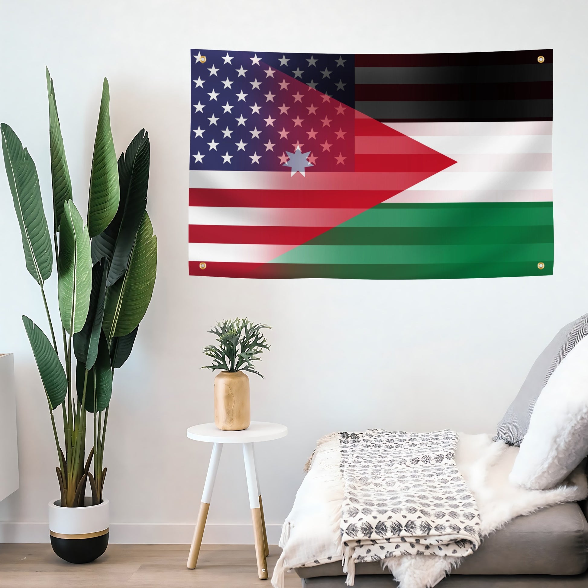 Jordanian American Hybrid banner on a living room wall - Flags by Bannerfi