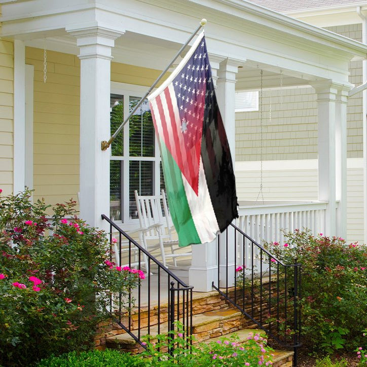 Jordanian American Hybrid Flag on a house porch - Flags by Bannerfi