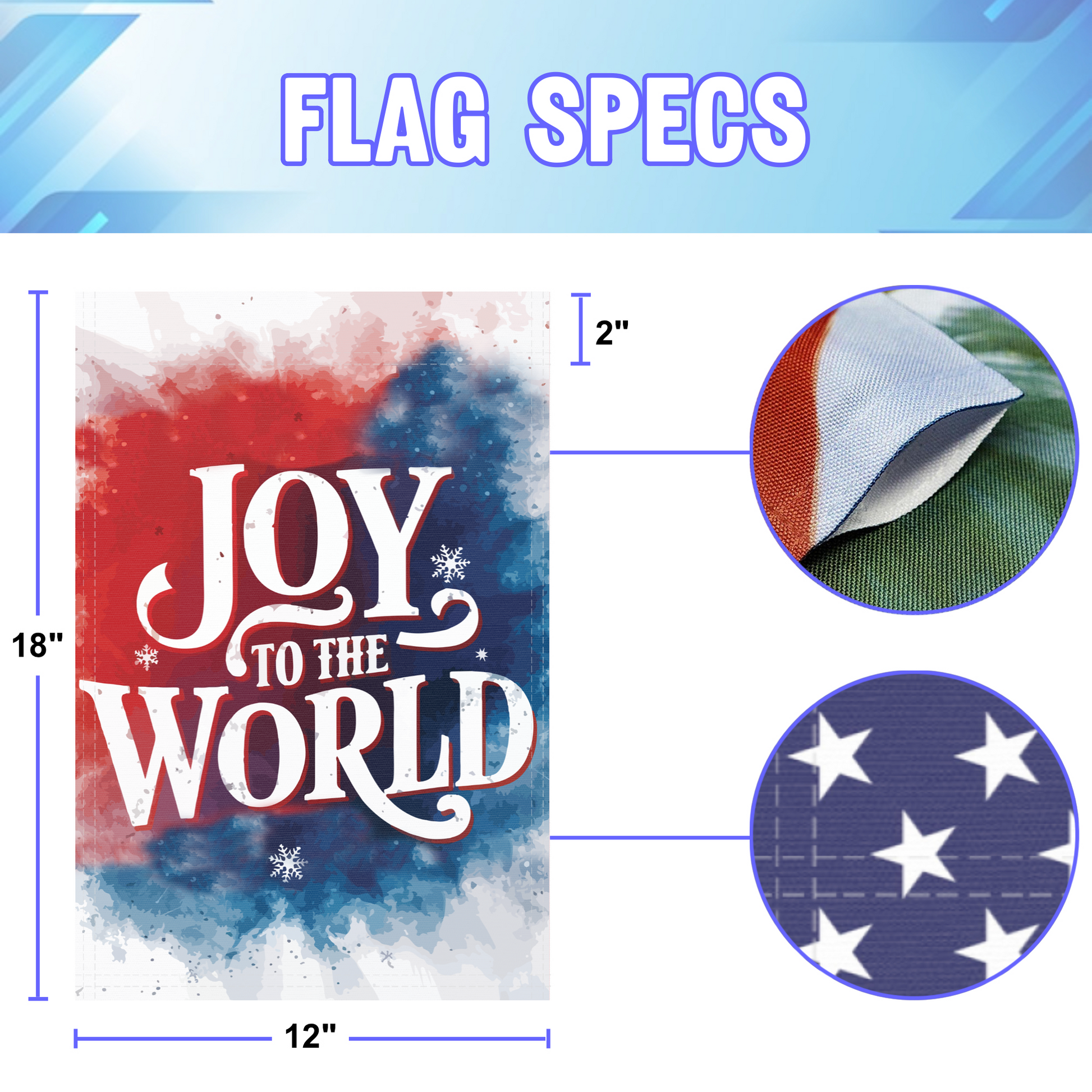 Joy To The World garden flag size specifications, showing 12 inch width by 18 inch height and a 2 inch pole sleeve for a standard garden flagpole.
