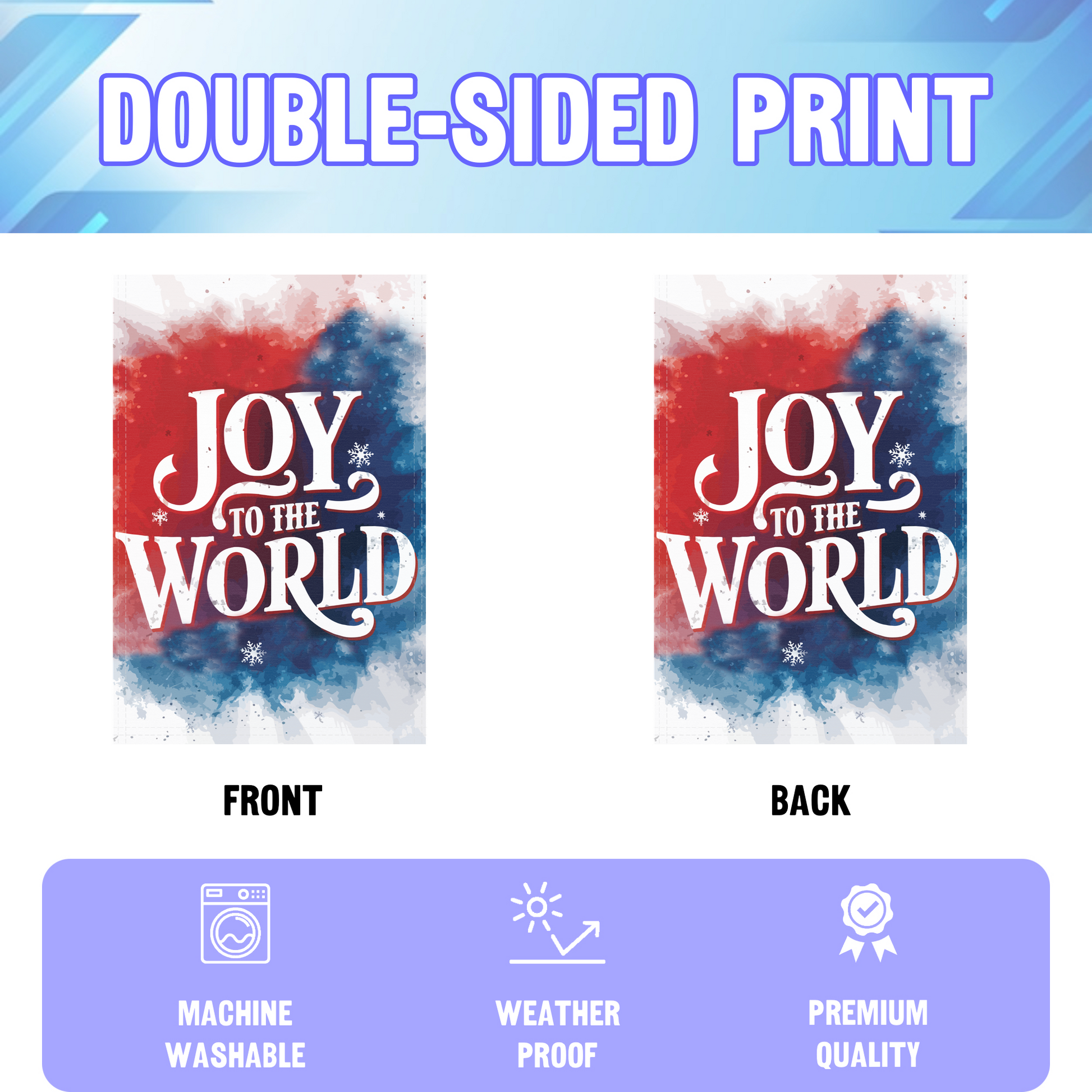 Joy To The World garden flag displayed in an infographic, showing the double sided print and high quality characteristics | Bannerfi