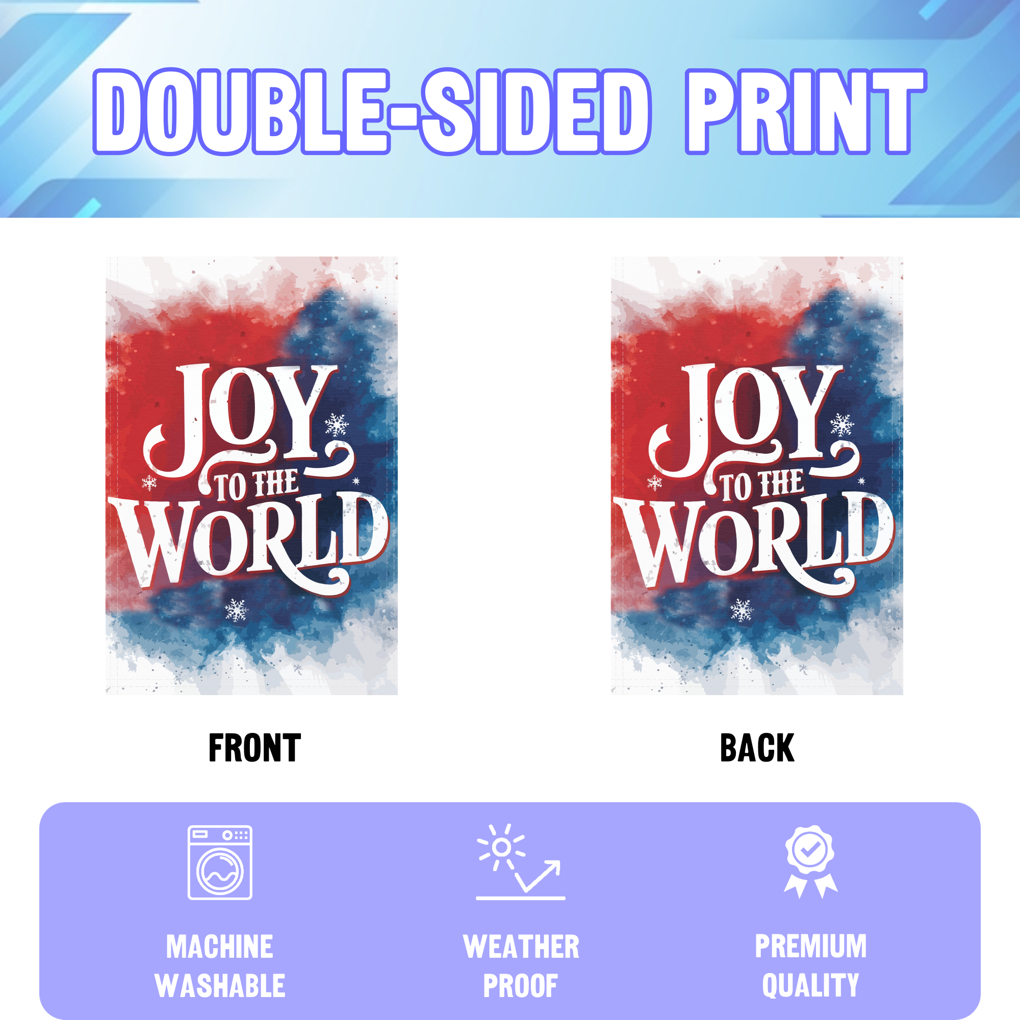 Joy To The World garden flag displayed in an infographic, showing the double sided print and high quality characteristics | Bannerfi