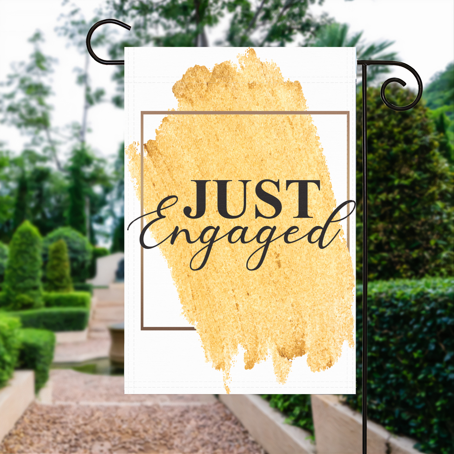 Just Engaged garden flag made of weatherproof polyester displayed in a garden | Bannerfi