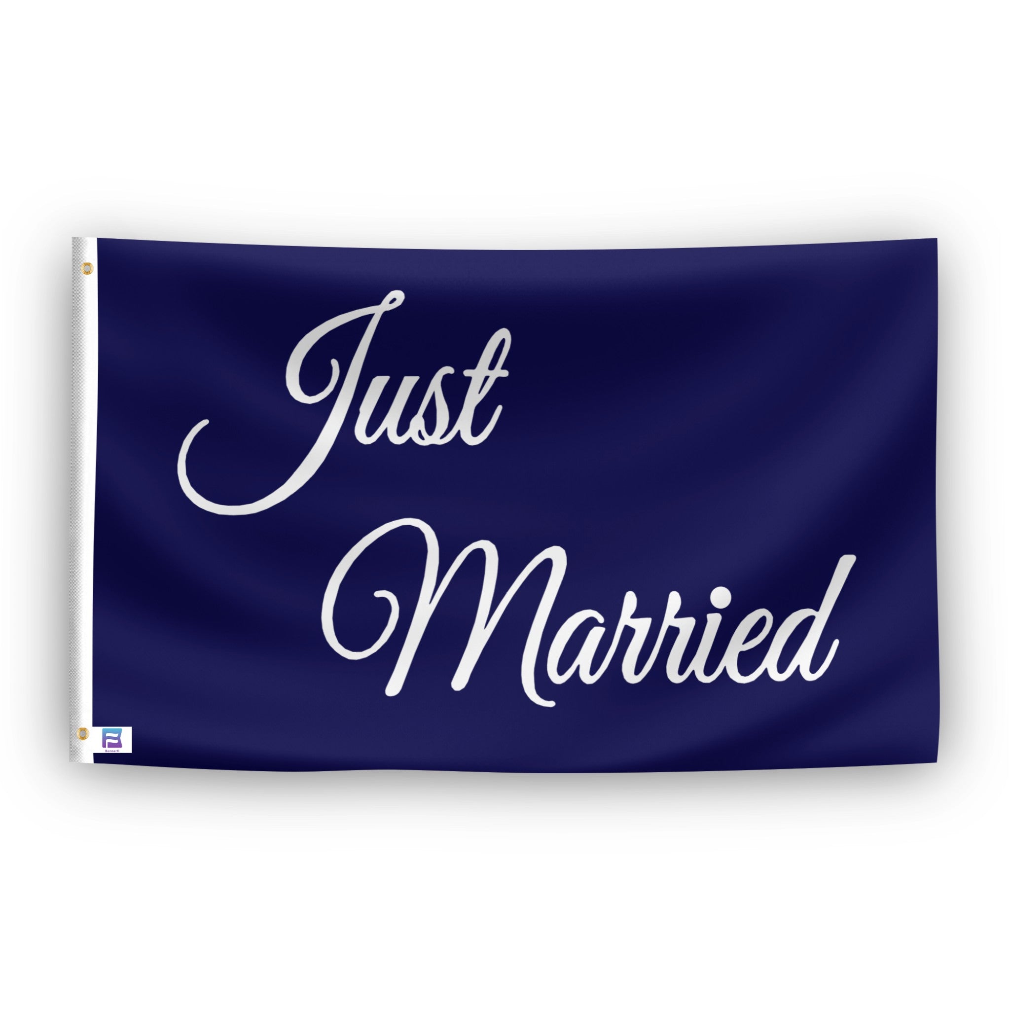 Navy blue flag with 'Just Married' text in white on a white background