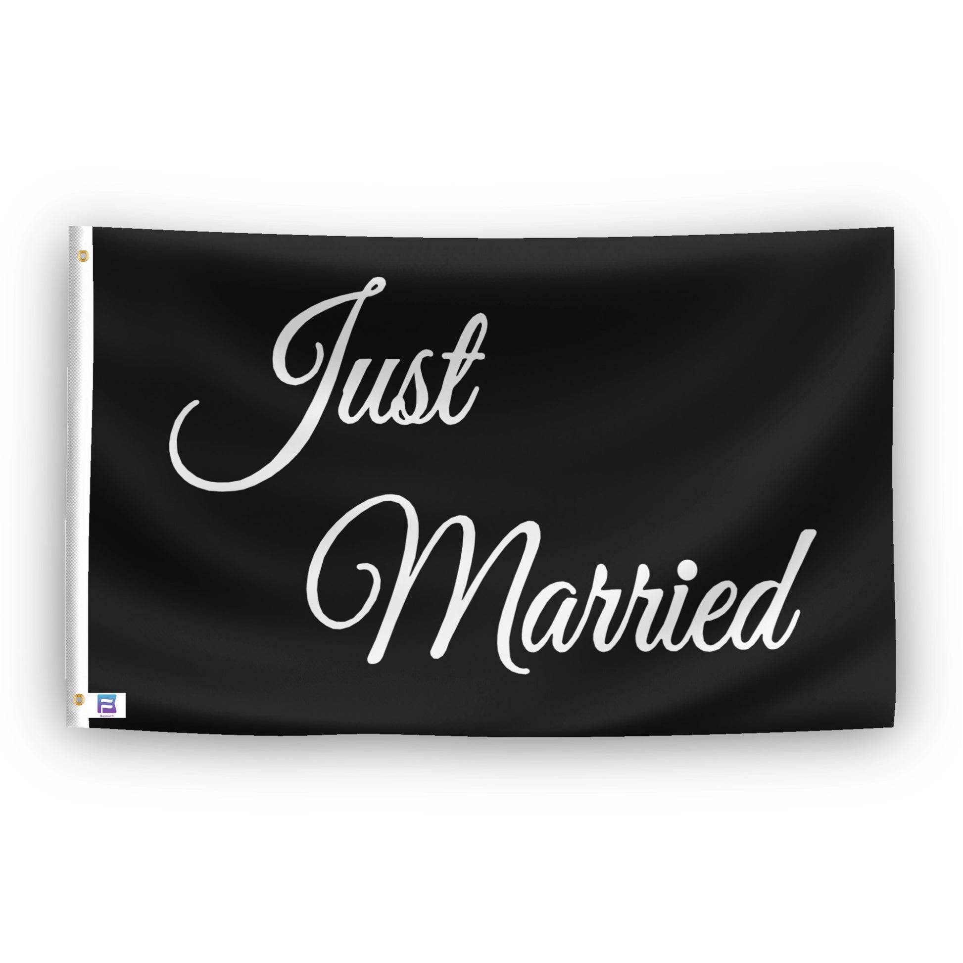 A flag with the theme "Just Married Black", displayed with two brass grommets reinforced with a white canvas header.