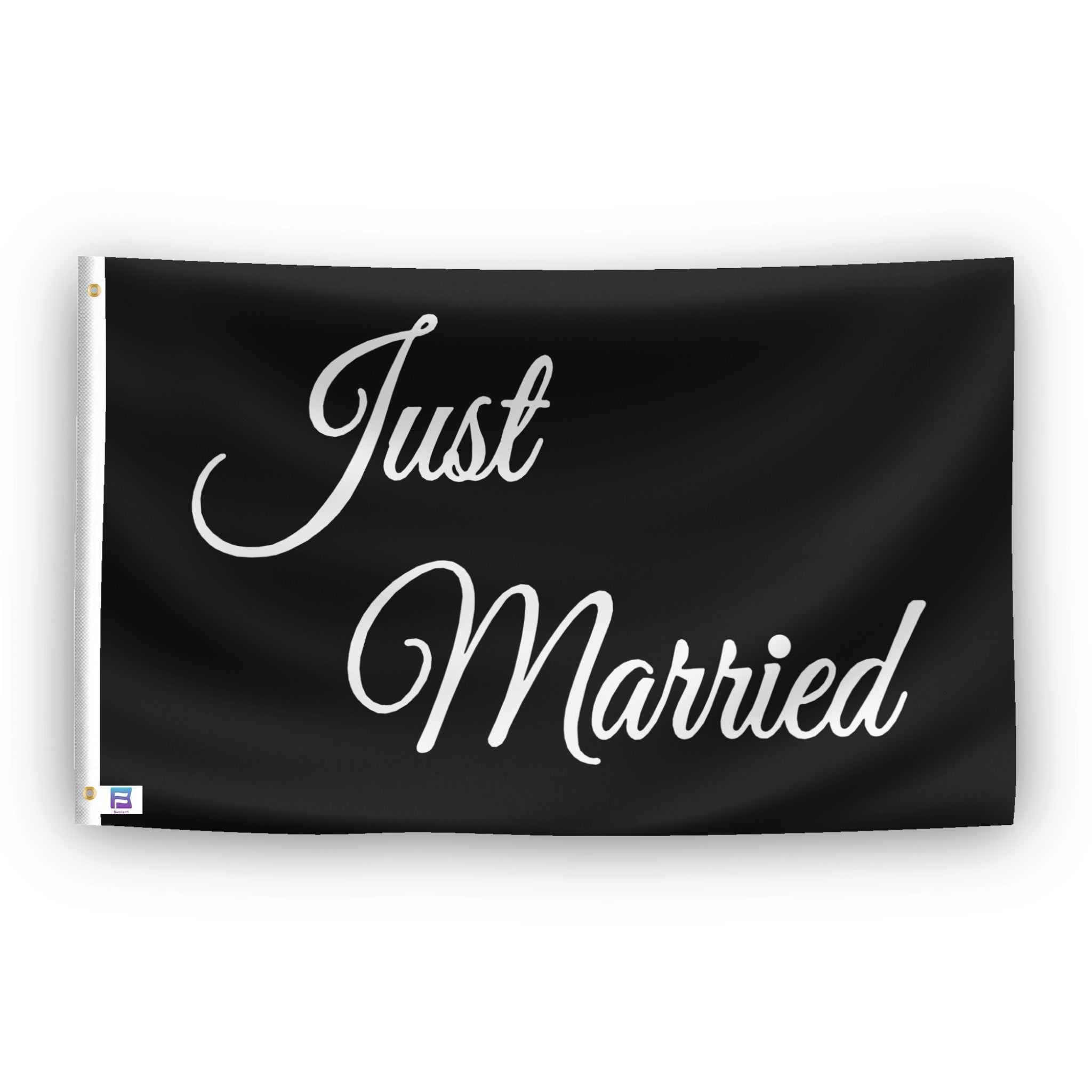 A flag with the theme "Just Married Black", displayed with two brass grommets reinforced with a white canvas header.