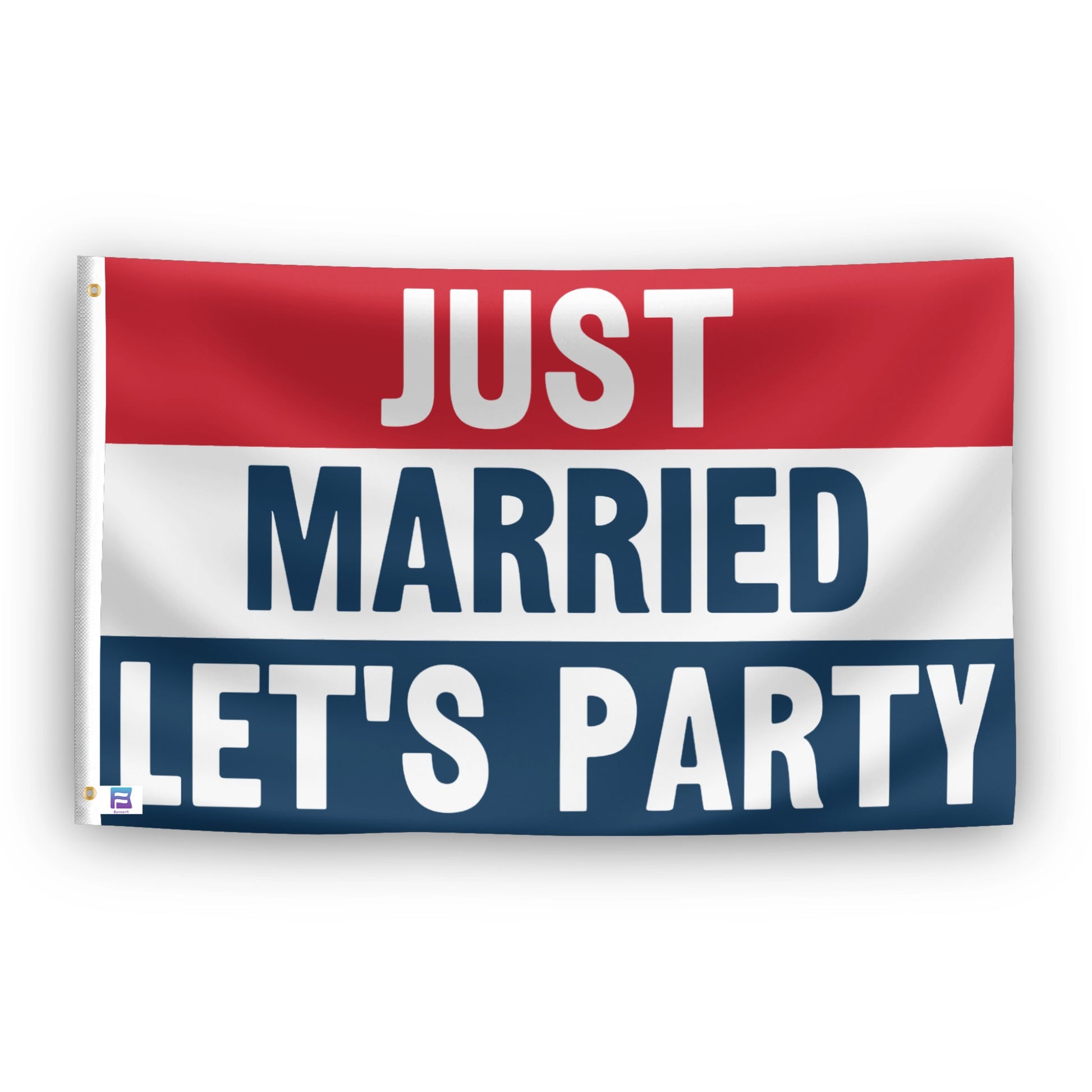 Just Married Let's Party flag – weatherproof polyester with brass grommets and canvas header | Bannerfi