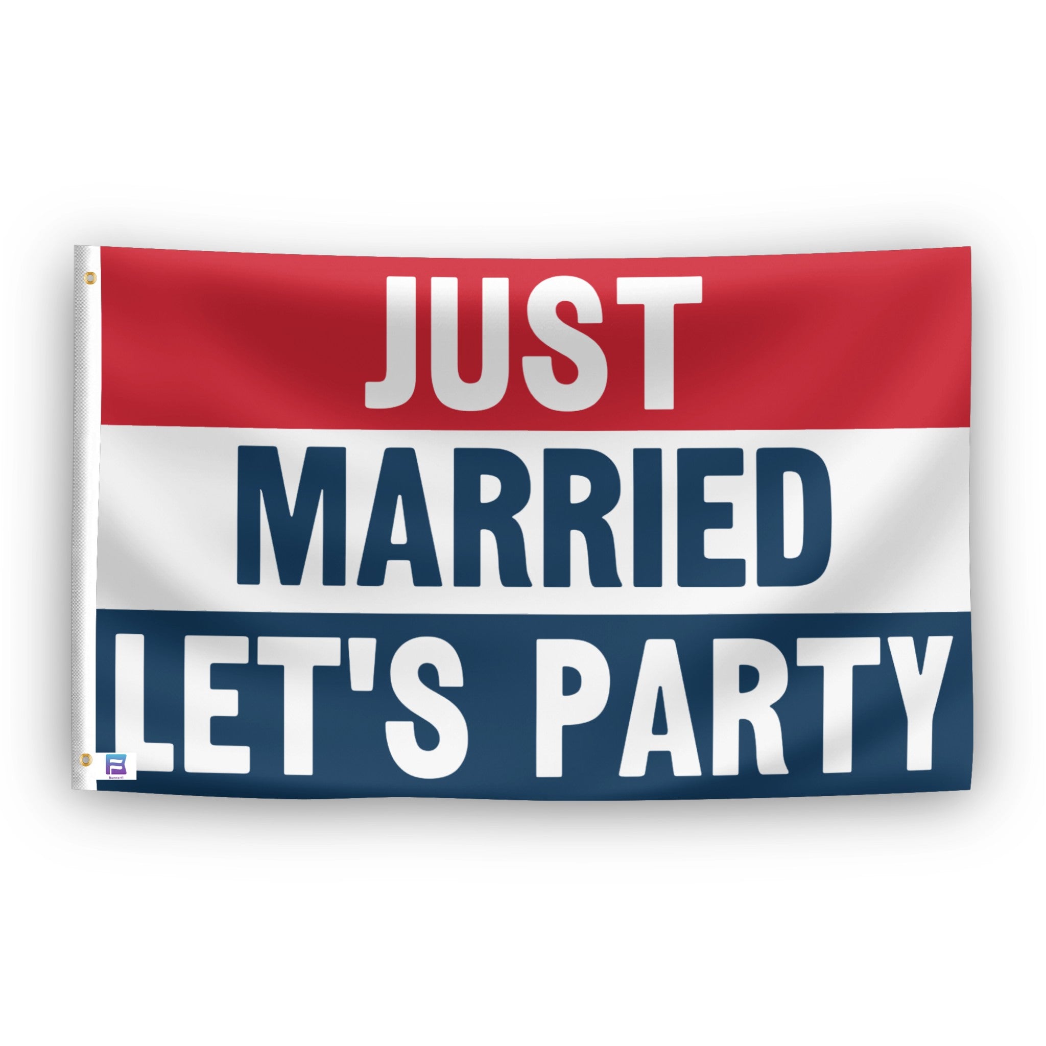 Just Married Let's Party flag – weatherproof polyester with brass grommets and canvas header | Bannerfi
