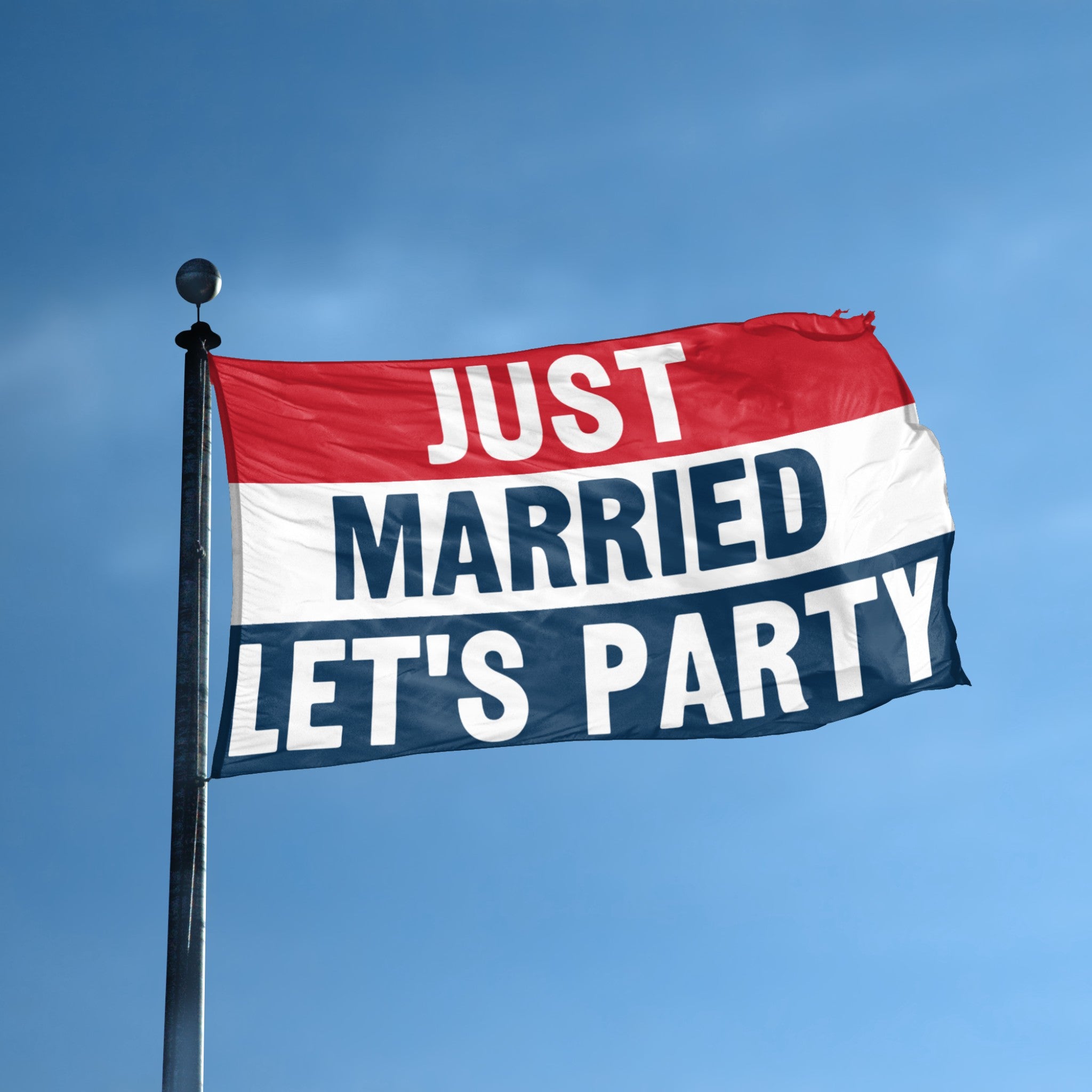 Just Married Let's Party flag displayed outdoors – weatherproof house banner on pole | Bannerfi