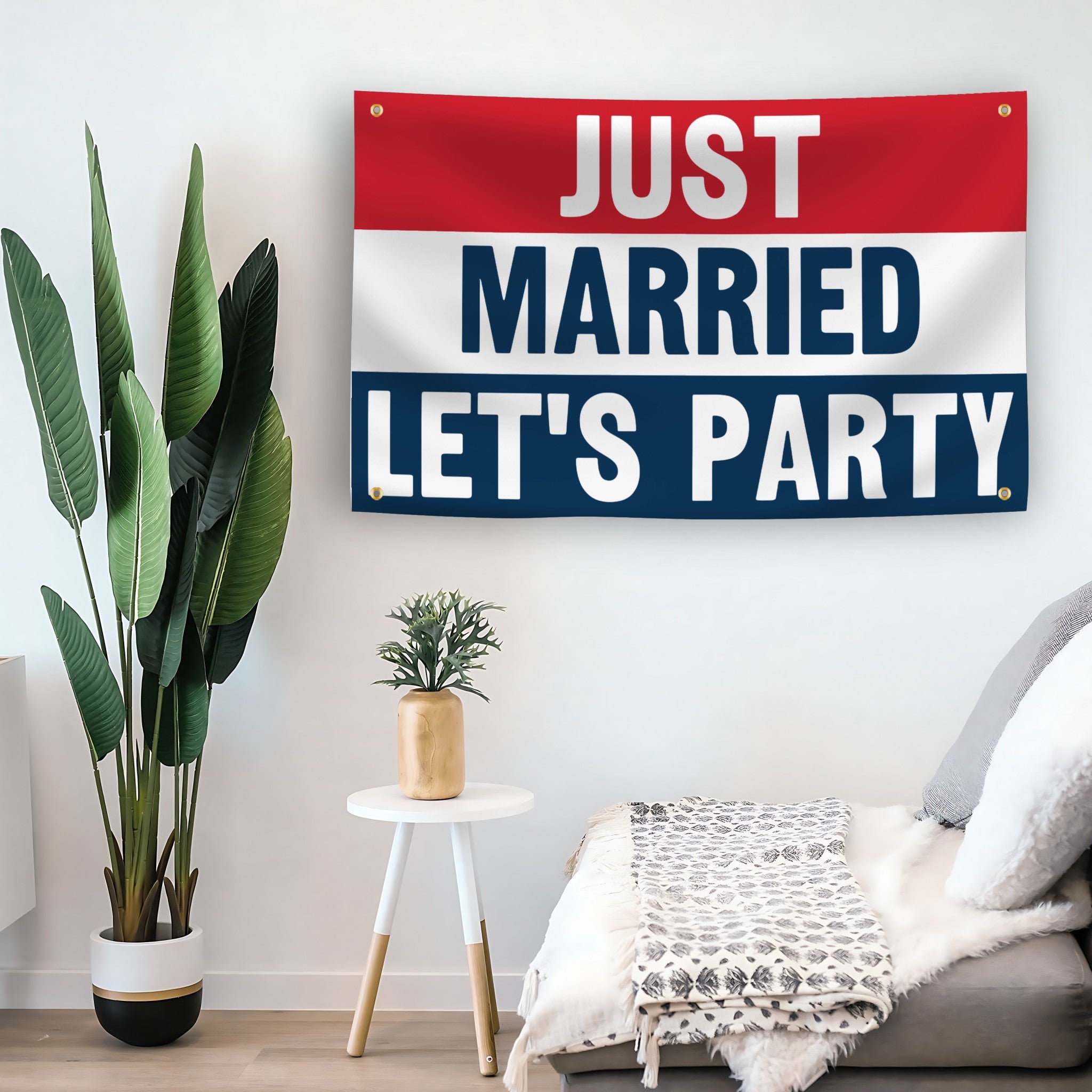 Just Married Let's Party flag as indoor wall art – versatile home décor | Bannerfi