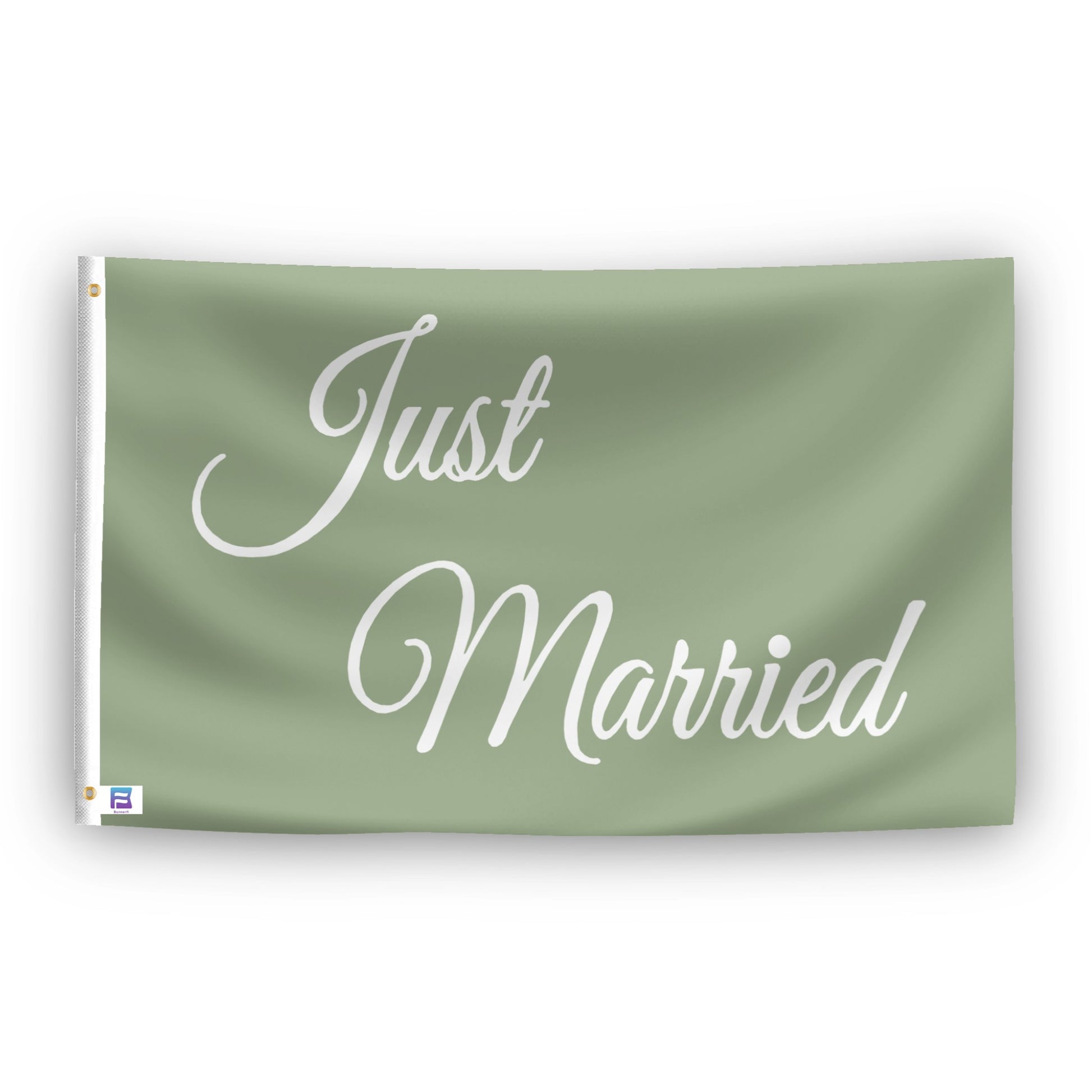 A flag with the theme "Just Married Sage", displayed with two brass grommets reinforced with a white canvas header.