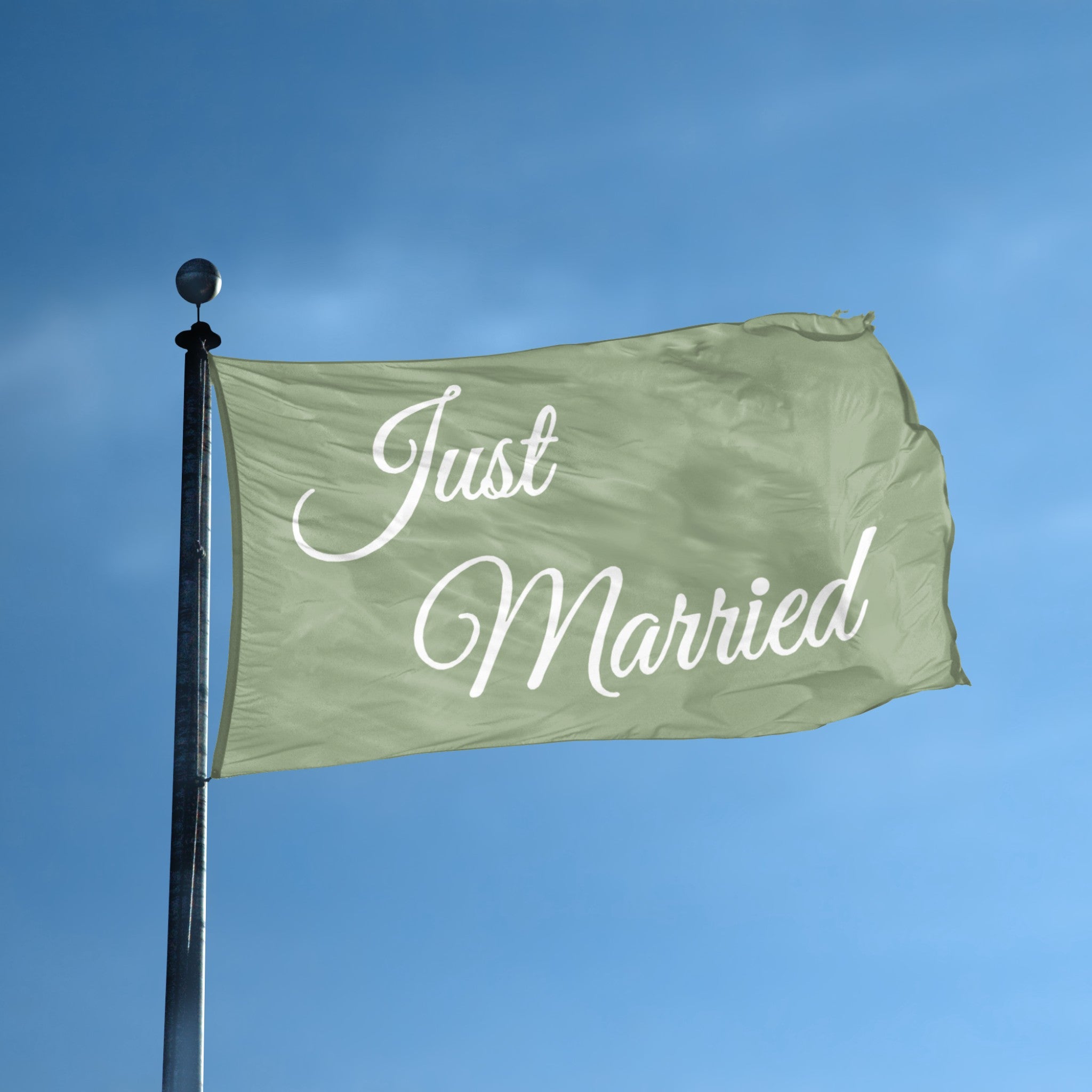 A flag with the theme "Just Married Sage" displayed on a tall flag pole and blue skies.