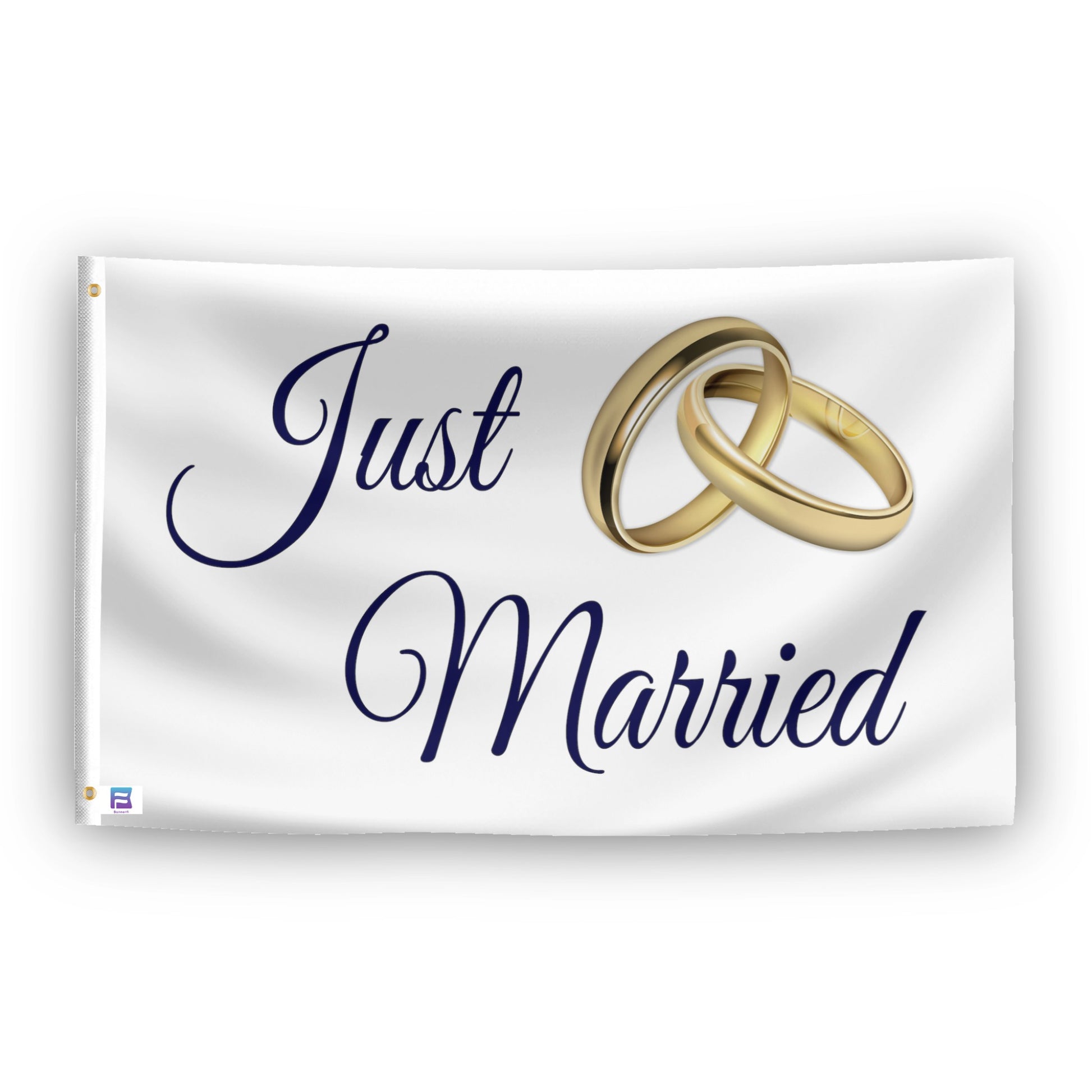 A flag with the theme "Just Married Wedding Band", displayed with two brass grommets reinforced with a white canvas header.