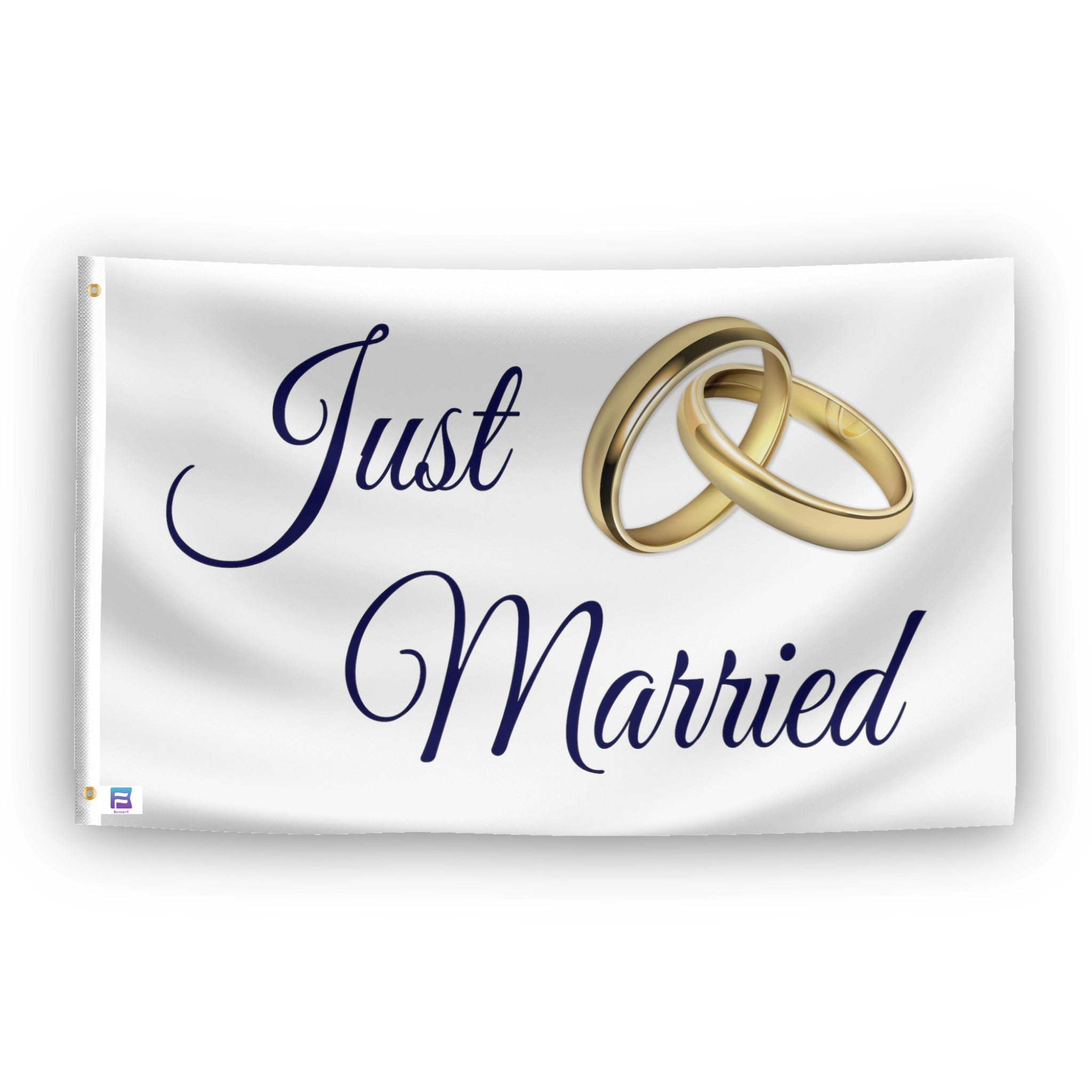 A flag with the theme "Just Married Wedding Band", displayed with two brass grommets reinforced with a white canvas header.