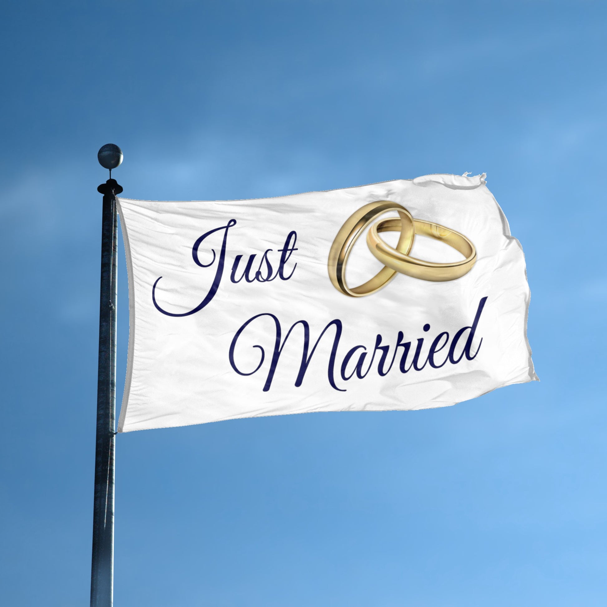 A flag with the theme "Just Married Wedding Band" displayed on a tall flag pole and blue skies.