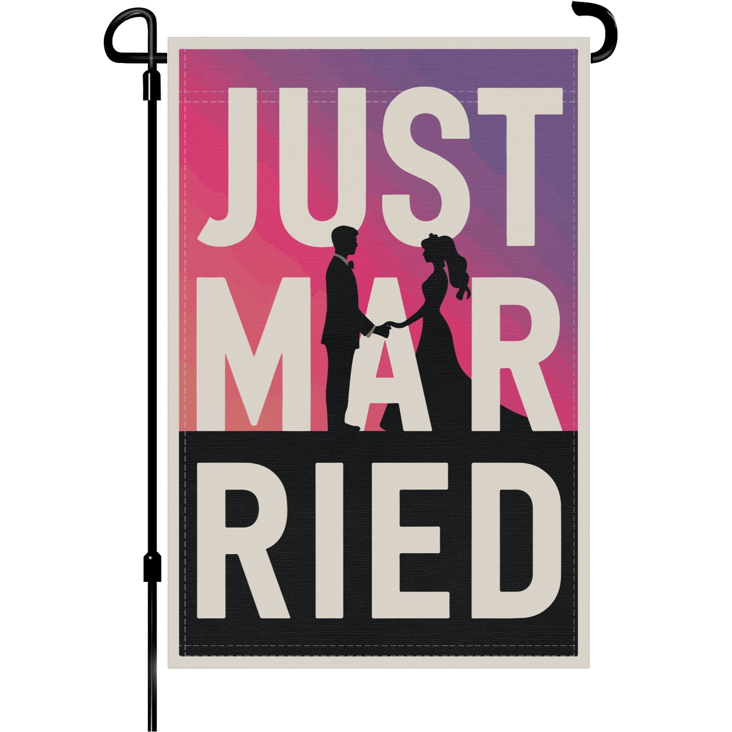 Just Married Silhouette garden flag made of weatherproof polyester mounted on a garden flagpole | Bannerfi