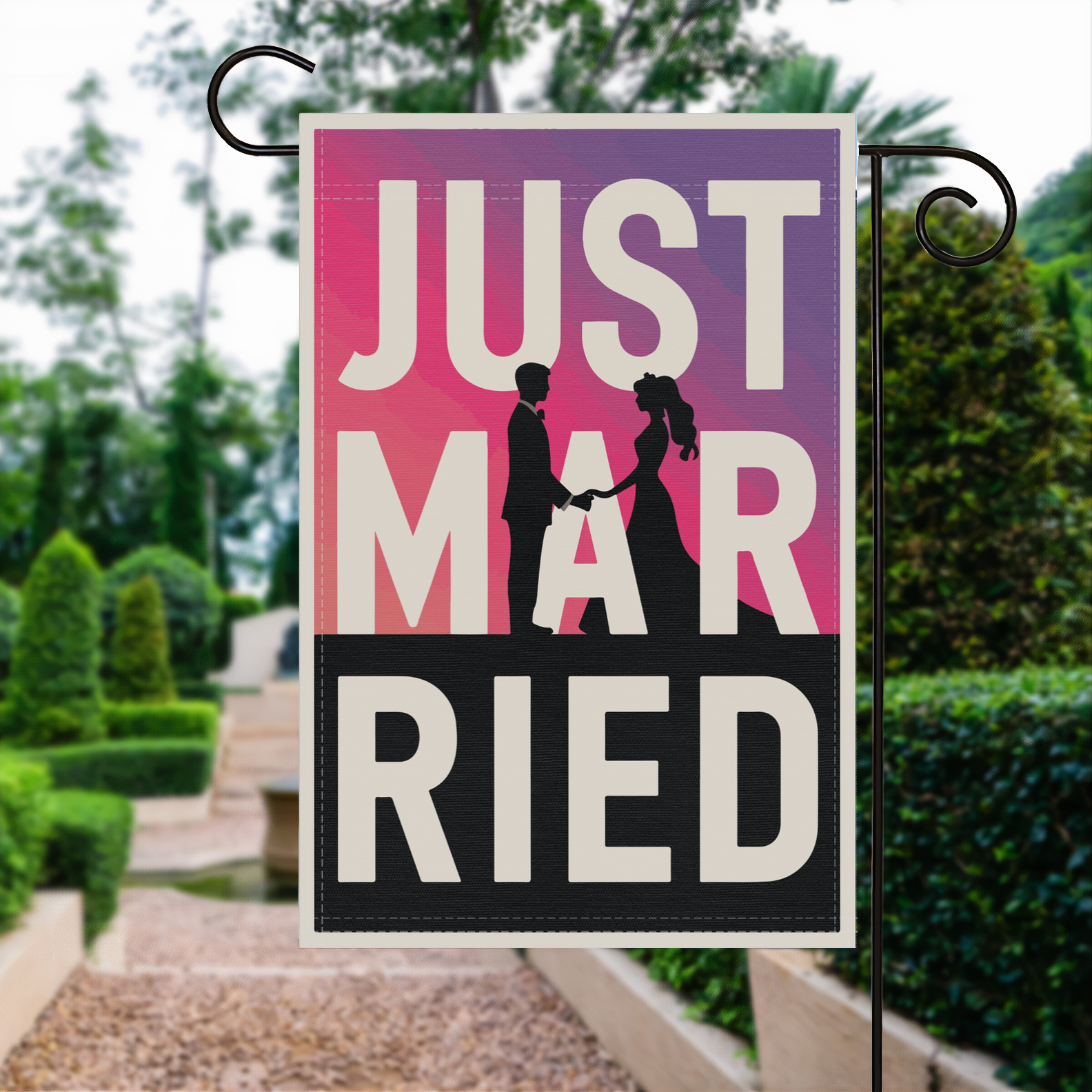 Just Married Silhouette garden flag made of weatherproof polyester displayed in a garden | Bannerfi