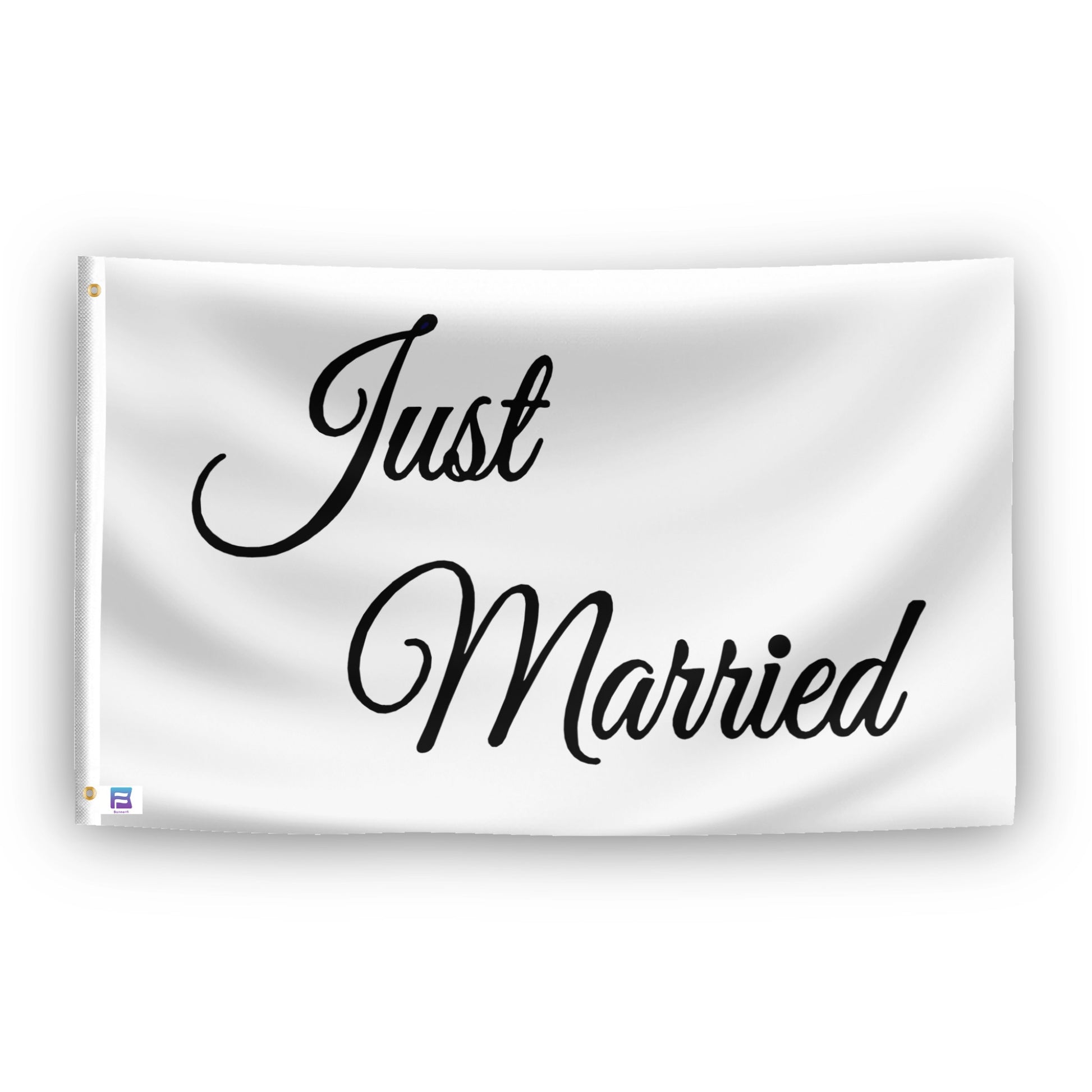 A flag with the theme "Just Married White", displayed with two brass grommets reinforced with a white canvas header.