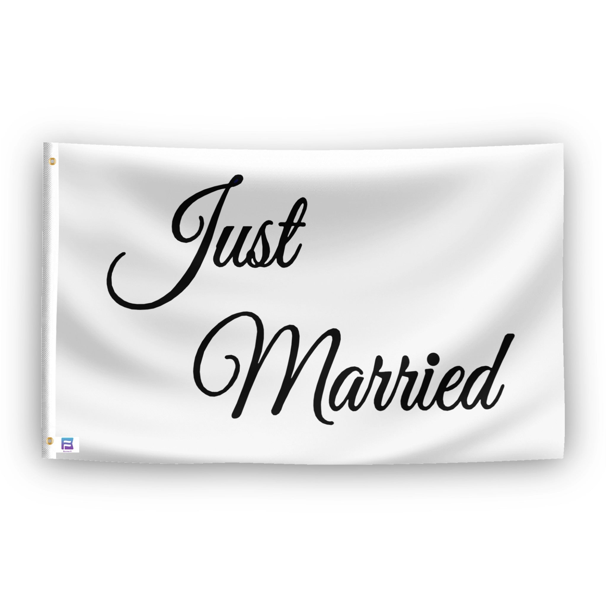 A flag with the theme "Just Married White", displayed with two brass grommets reinforced with a white canvas header.