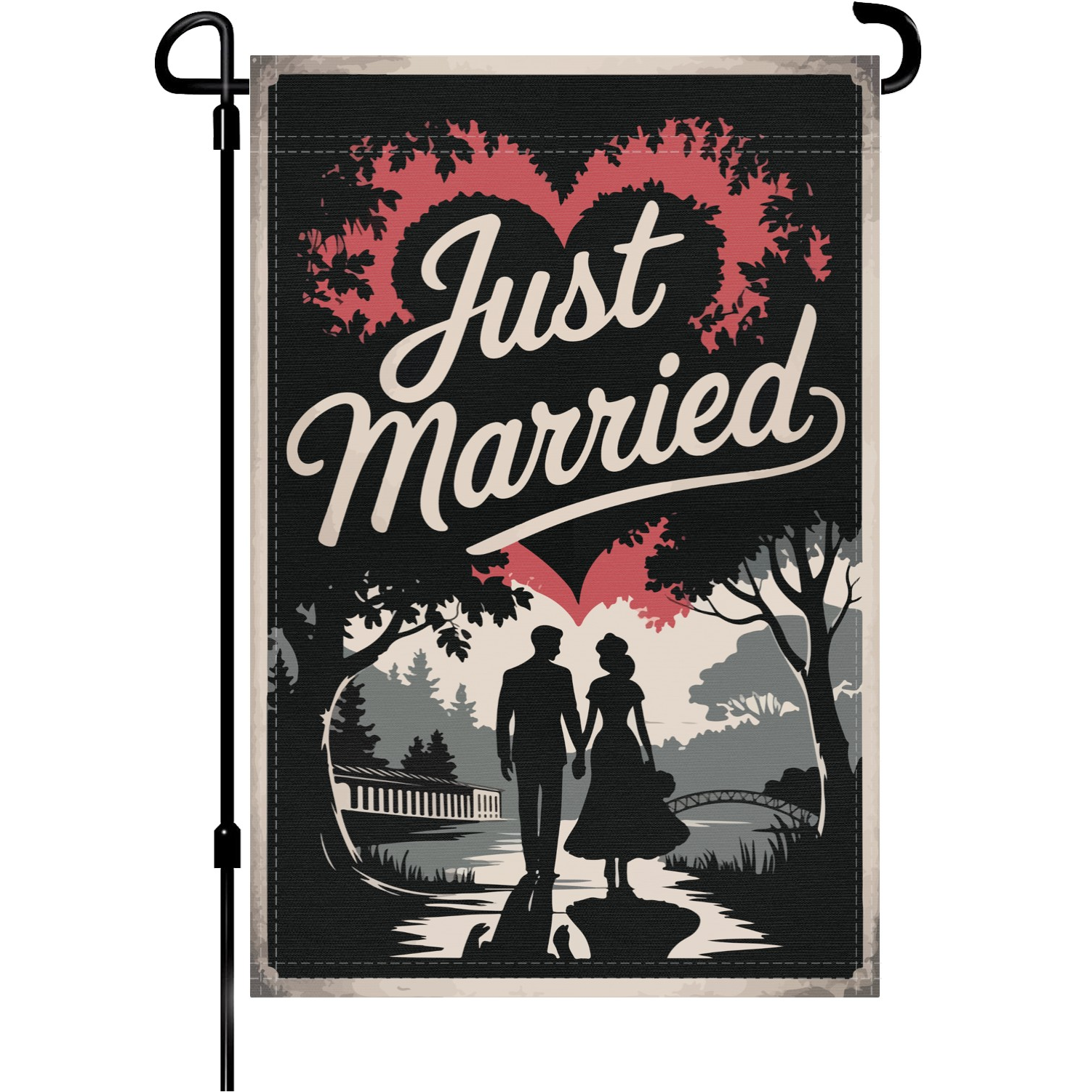 Just Married Wedding garden flag made of weatherproof polyester mounted on a garden flagpole | Bannerfi