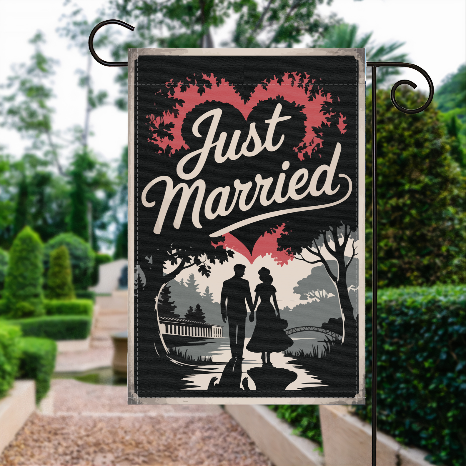 Just Married Wedding garden flag made of weatherproof polyester displayed in a garden | Bannerfi