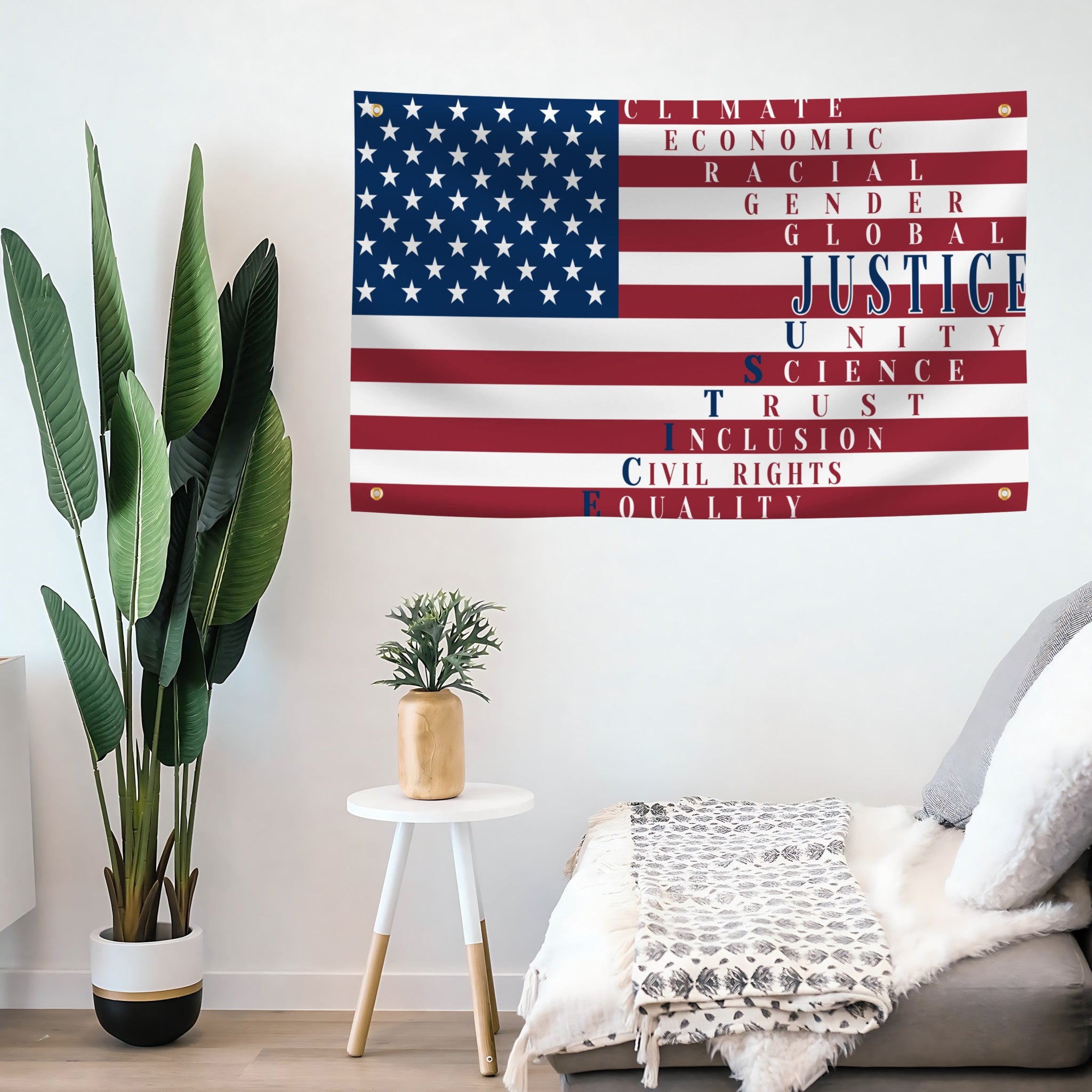 JUSTICE American Flag banner with political messages mounted on a wall - Bannerfi