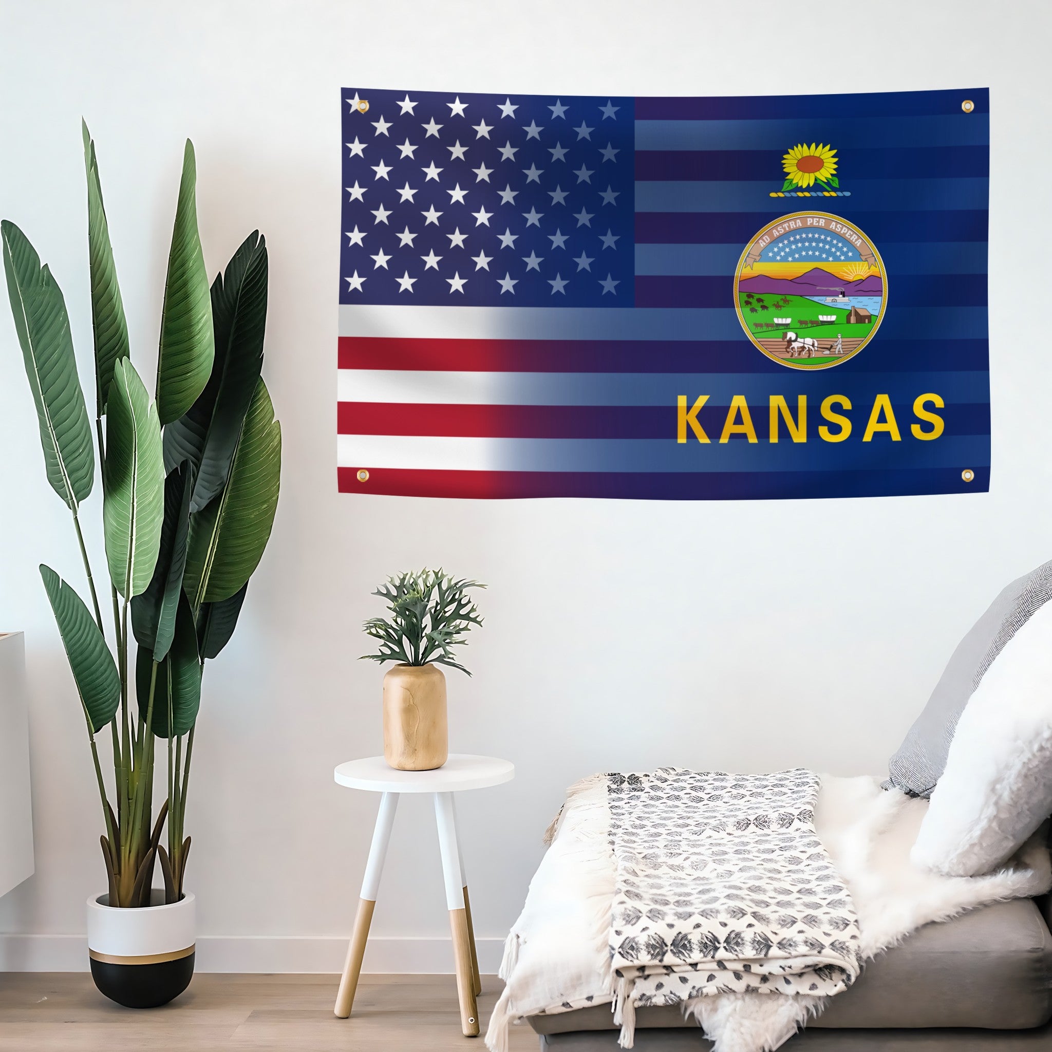 Kansas & American Flag Banner Blend on a living room wall - Flags by Bannerfi