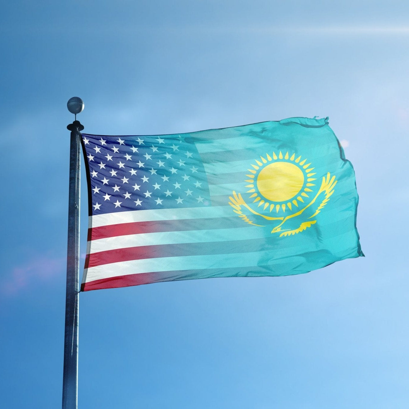 Kazakh American Hybrid Flag on a flagpole - Flags by Bannerfi