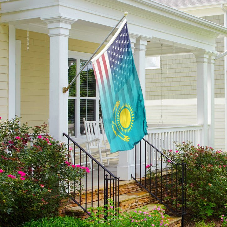 Kazakh American Hybrid Flag on a front porch - Flags by Bannerfi