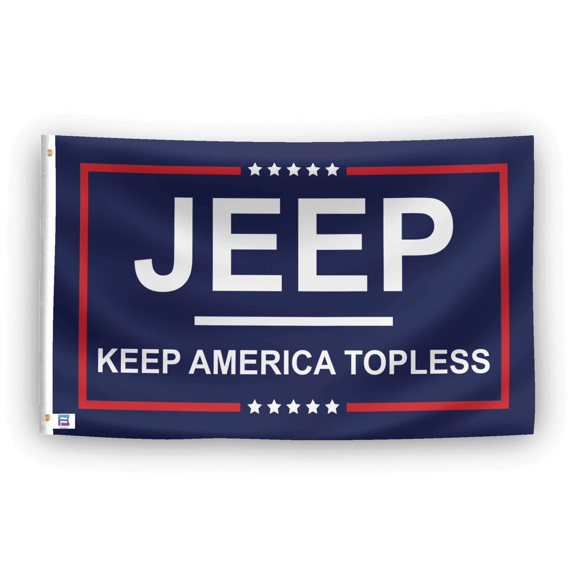 A flag with the theme "Jeep: Keep America Topless", displayed with two brass grommets reinforced with a white canvas header.
