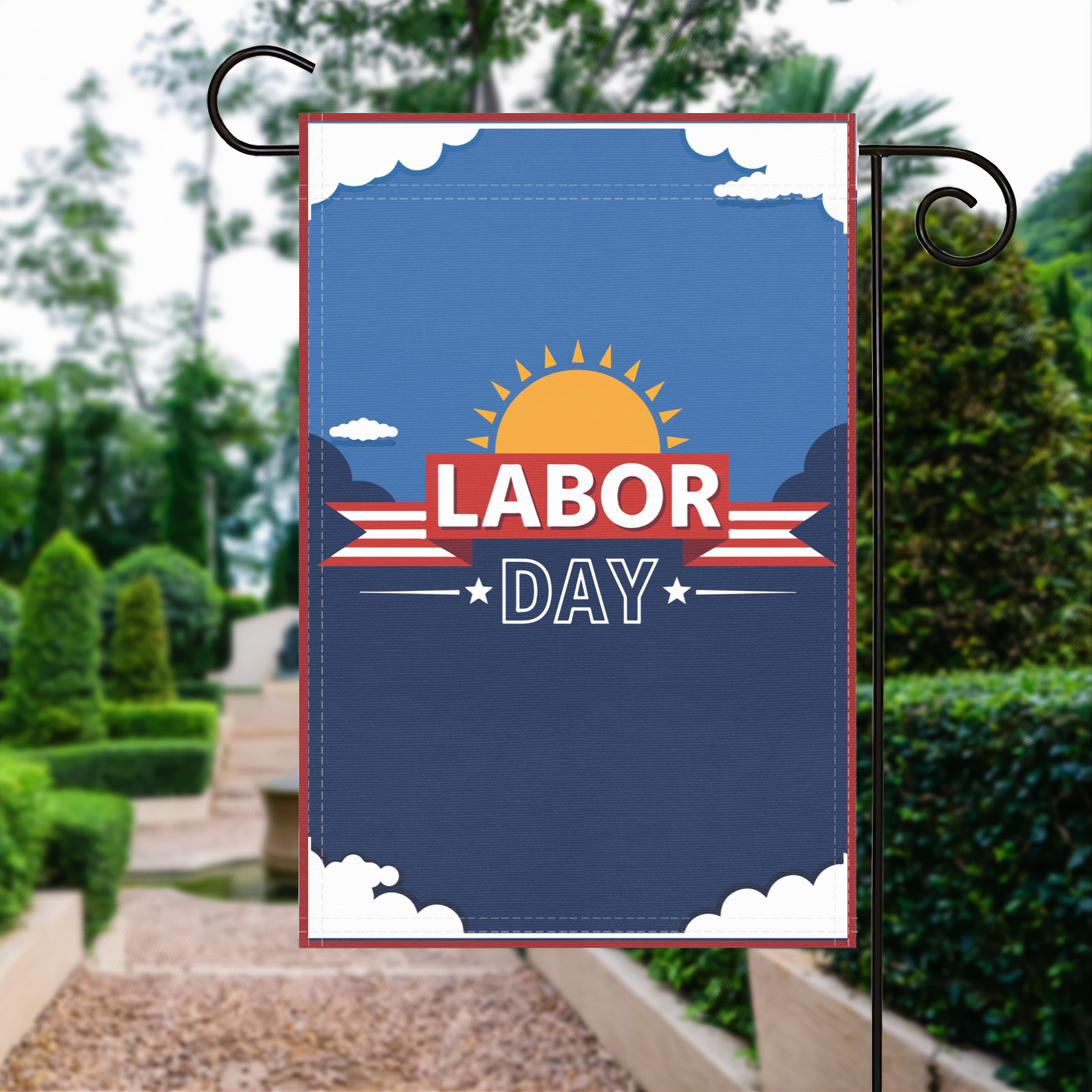 Labor Day garden flag made of weatherproof polyester displayed in a garden | Bannerfi