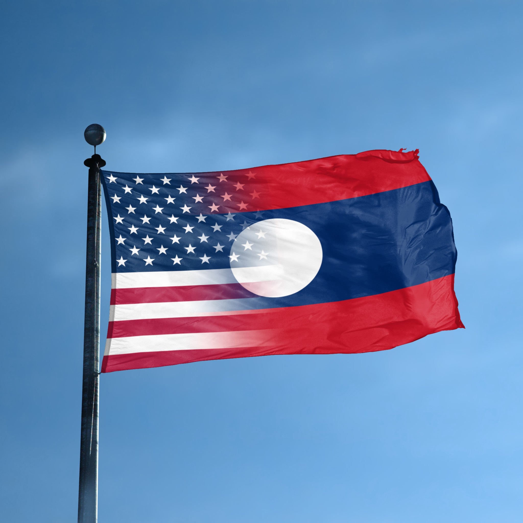 Laos American Hybrid flag displayed outdoors – weatherproof house banner on pole | Bannerfi