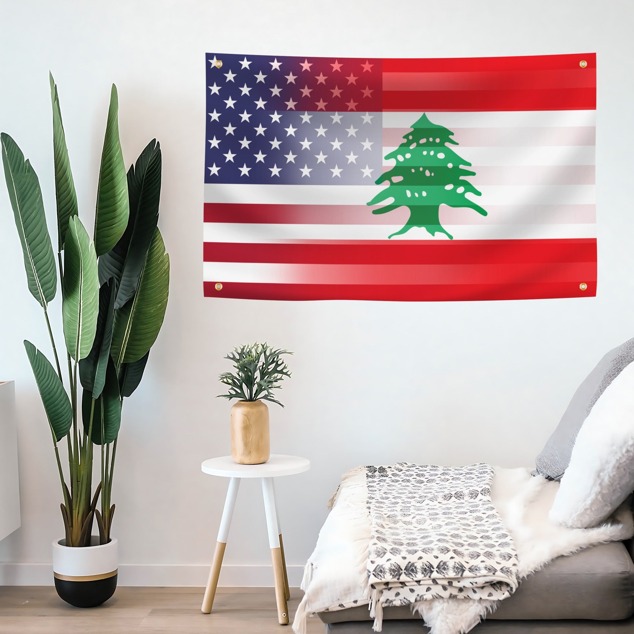 Lebanese American Hybrid banner with 4 grommets mounted on a wall - Flags by Bannerfi