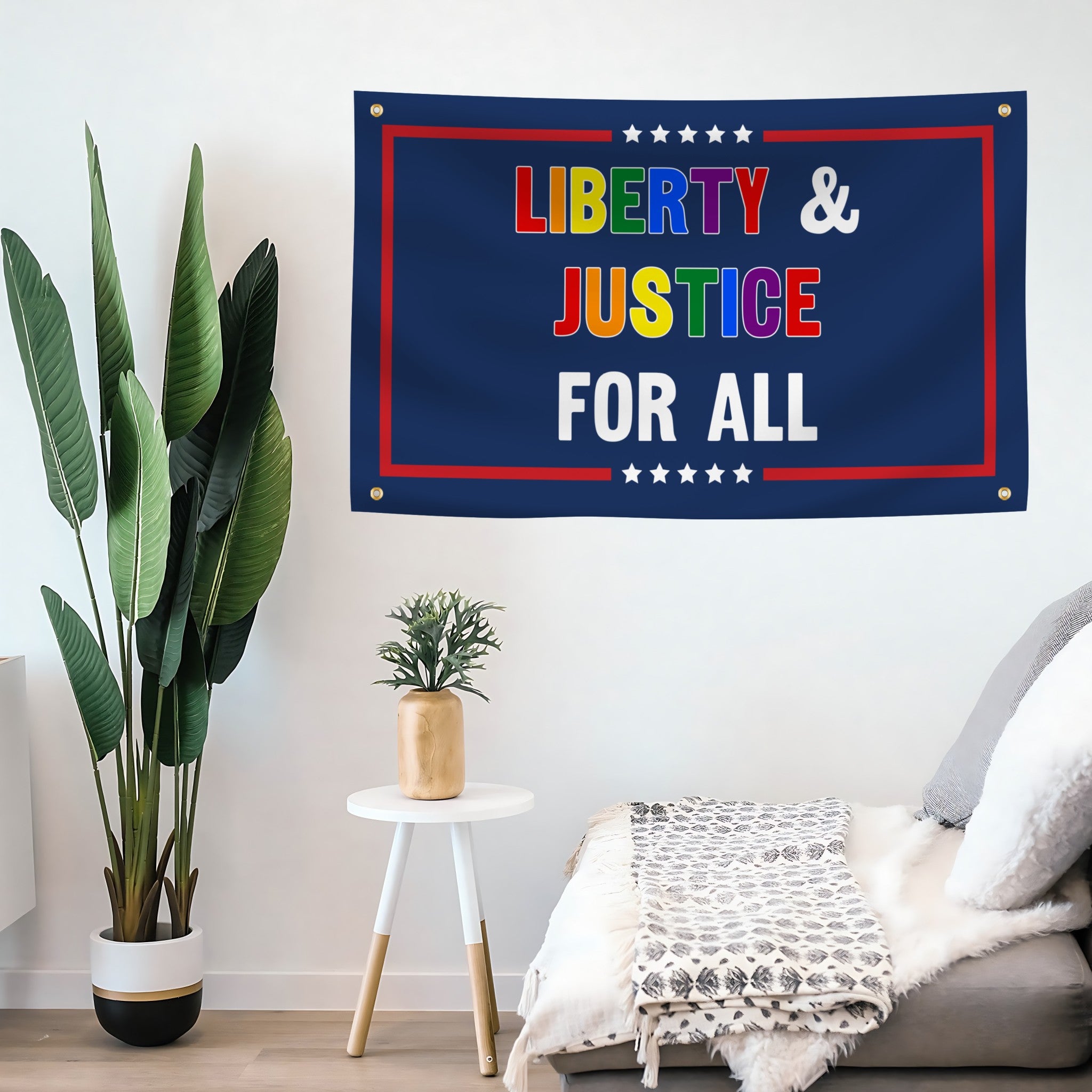 Banner with 'Liberty & Justice for All' text in a living room setting