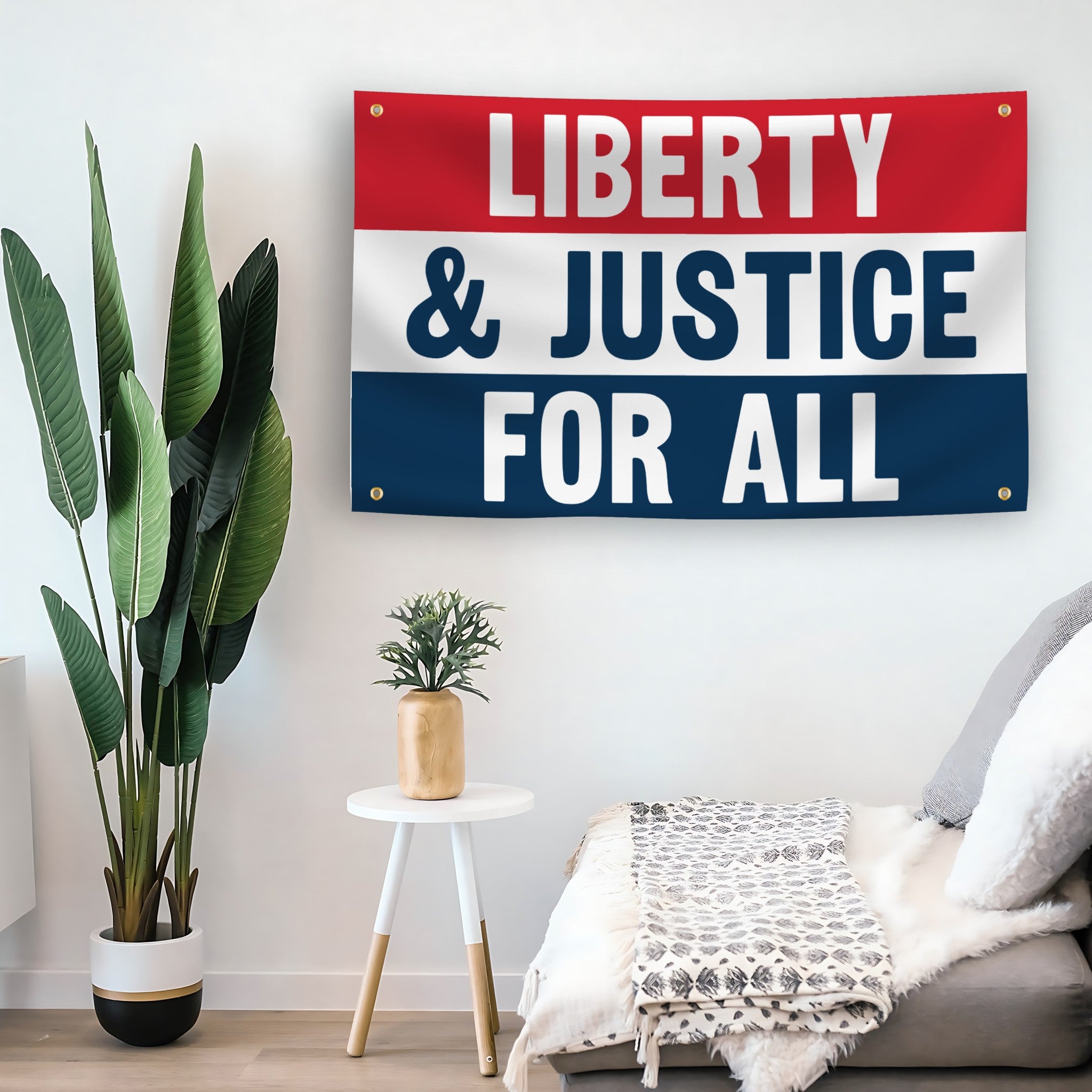 Liberty And Justice For All flag as indoor wall art – versatile home décor | Bannerfi